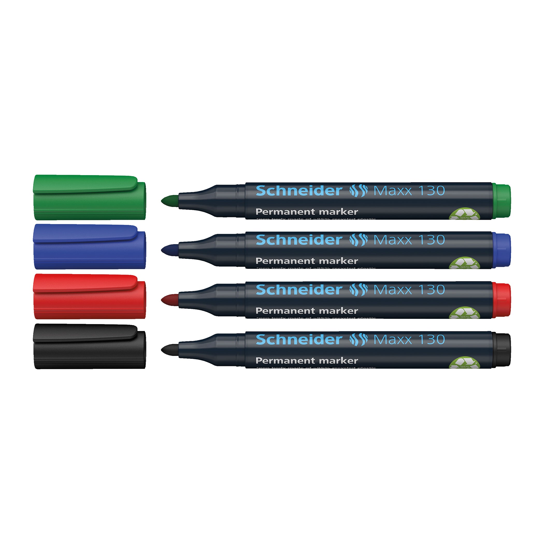 Maxx 130 Permanent Markers, 1 + 3 mm Bullet Tip, 4 Assorted Ink Colors (Black, Red, Blue, Green)
