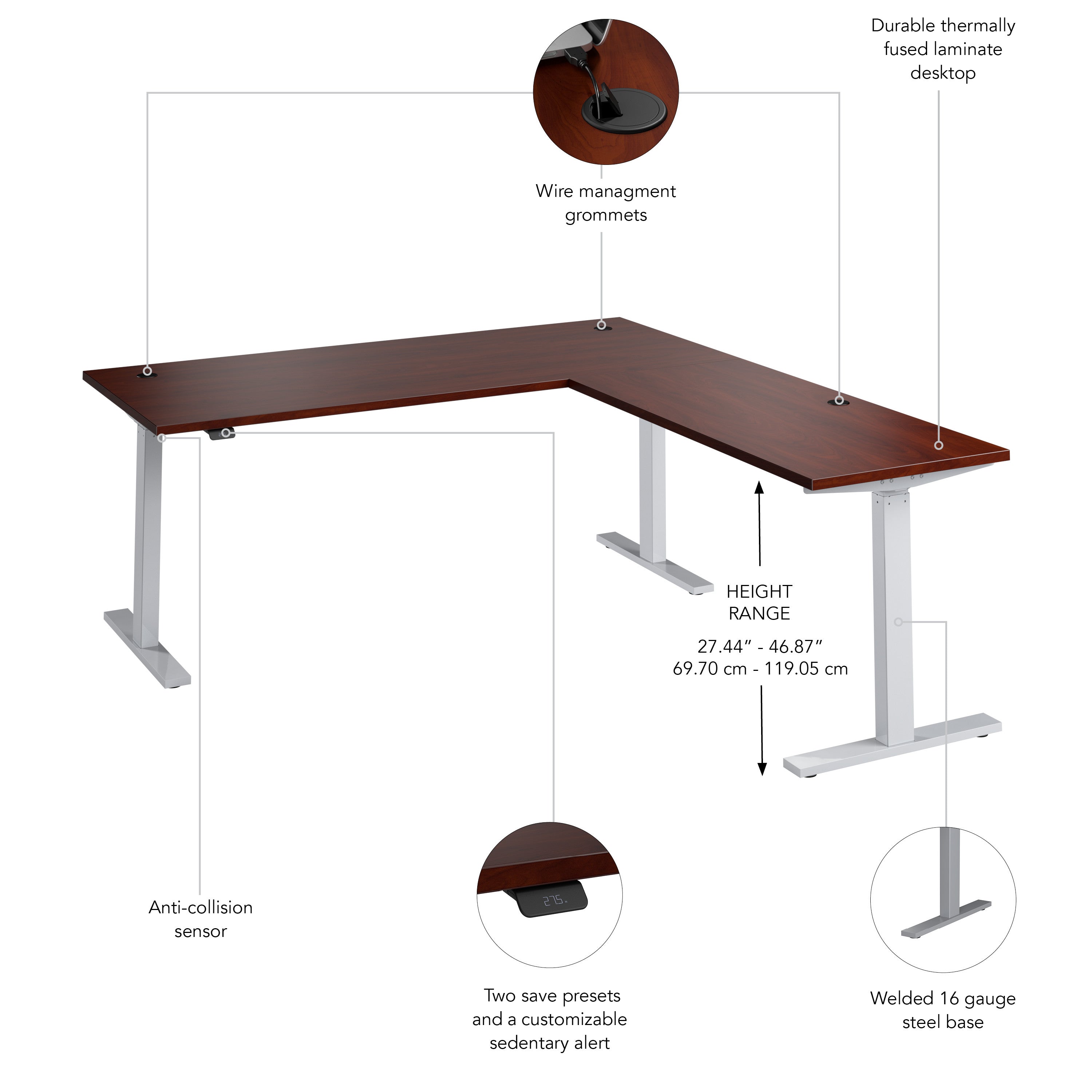 Bush Business Furniture Move 60 Series 72W Height Adjustable L Shaped Standing Desk in Hansen Cherry with Metallic Gray Base - 71.02" Width x 76.97" Depth x 27.44" Height