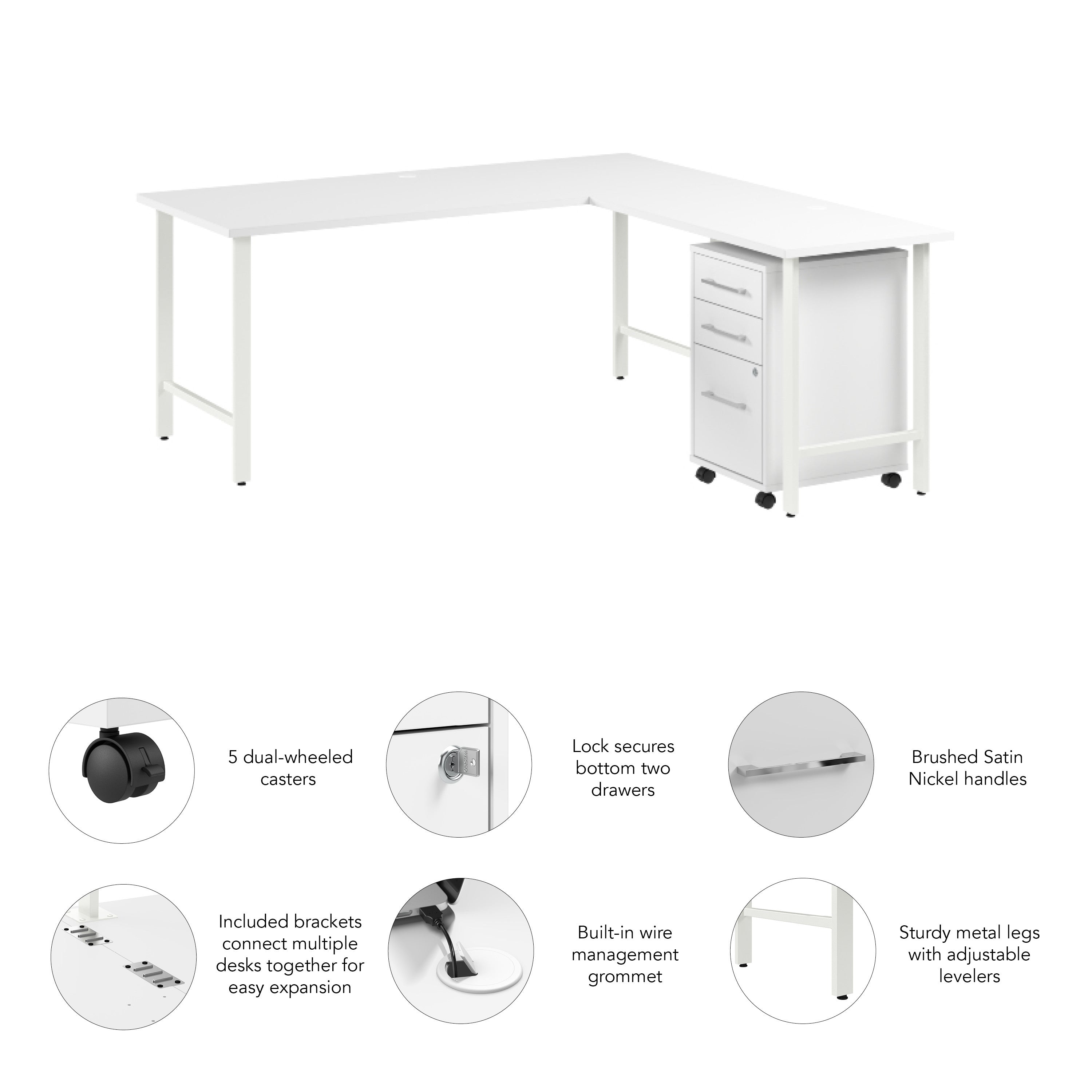 Bush Business Furniture Hustle 72W x 30D L Shaped Computer Desk with 3 Drawer Mobile File Cabinet in White - 71.02" Width x 71.33" Depth x 30.07" Height