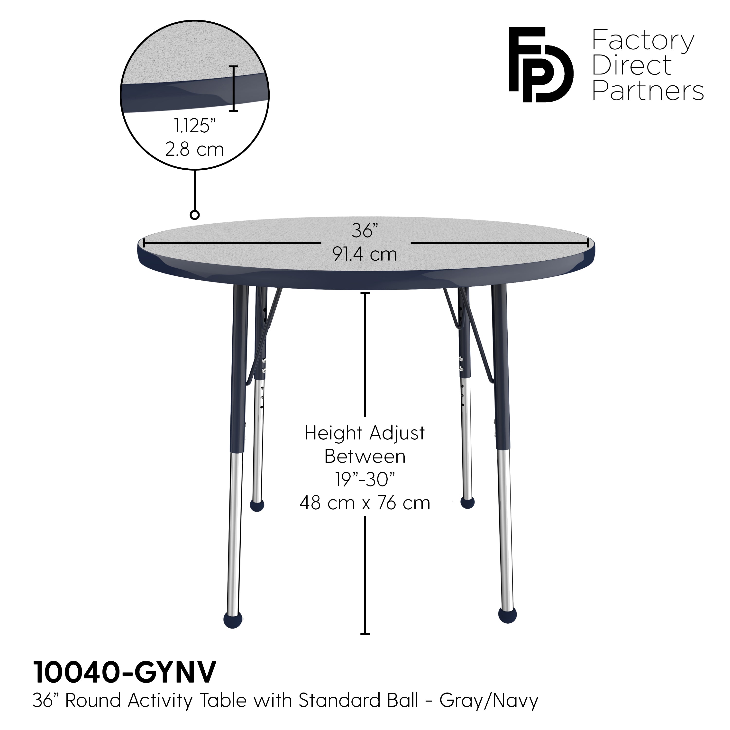 36" Round T-Molding Activity Table with Adjustable Standard Ball Glide Legs - Gray/Navy