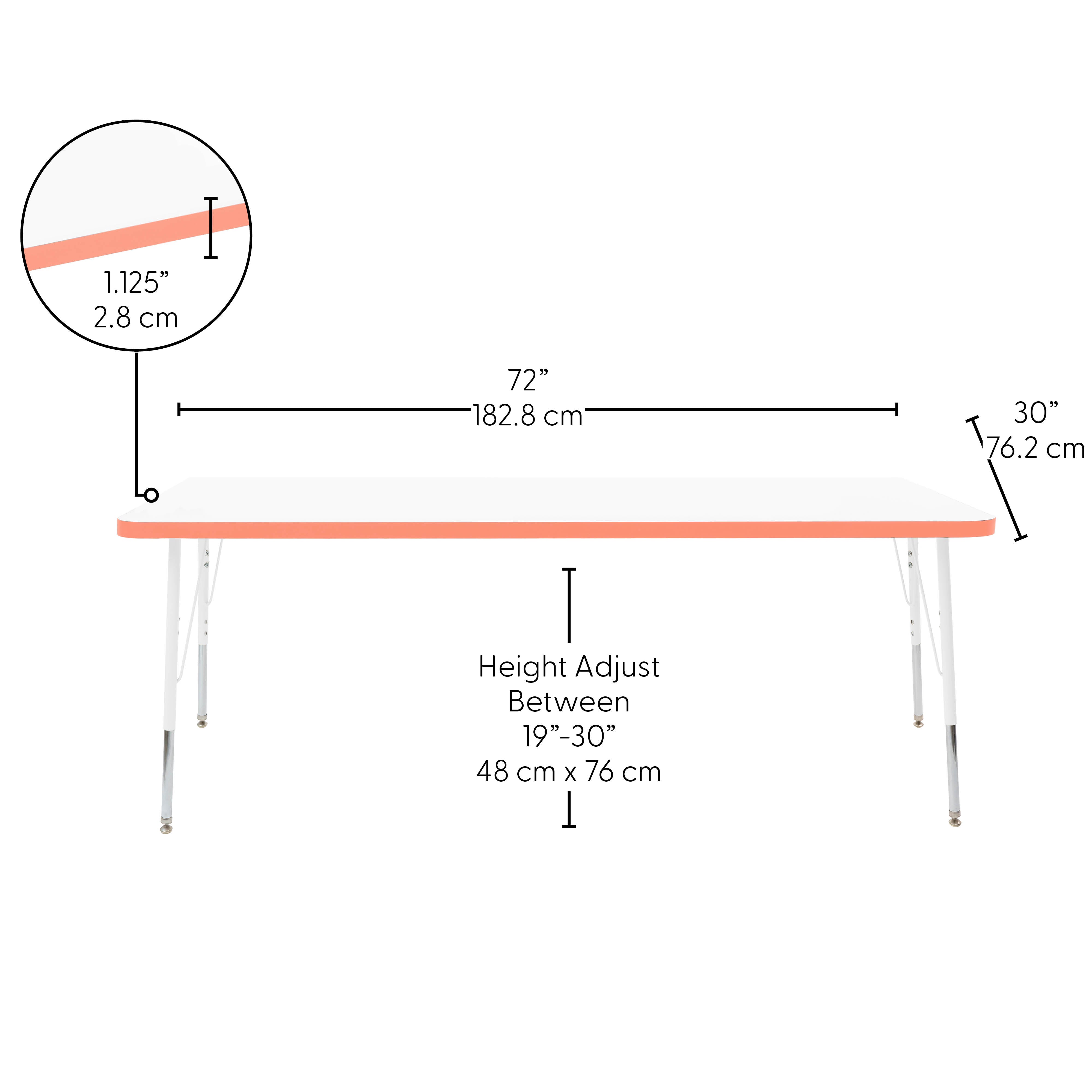 30" x 72" Rectangle Thermofused Activity Table with Adjustable Standard Swivel Glide Legs - White/Tangerine/White