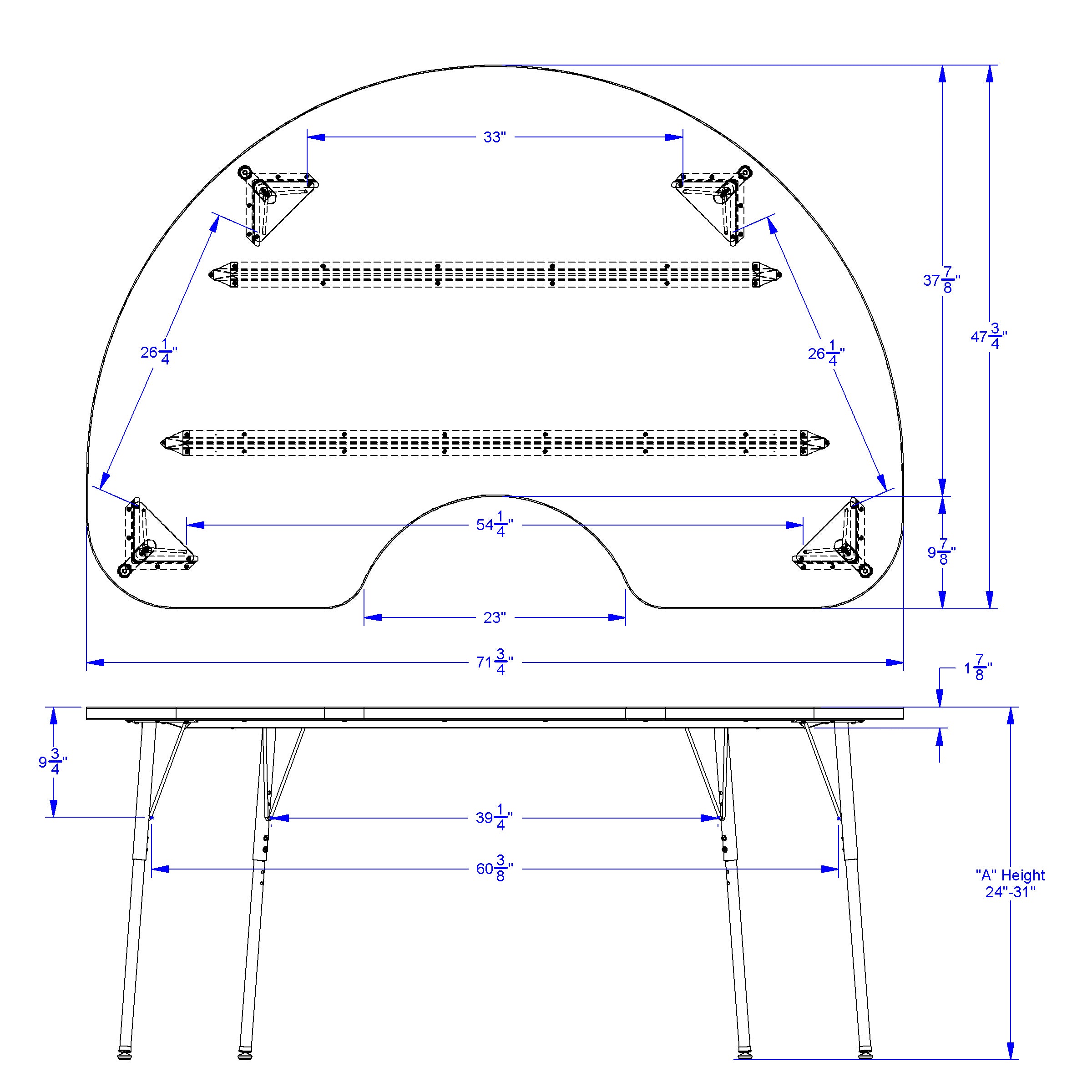 Berries® Kidney Dry Erase Table - 72" x 48", A-height - Write-n-Wipe/Black/Black