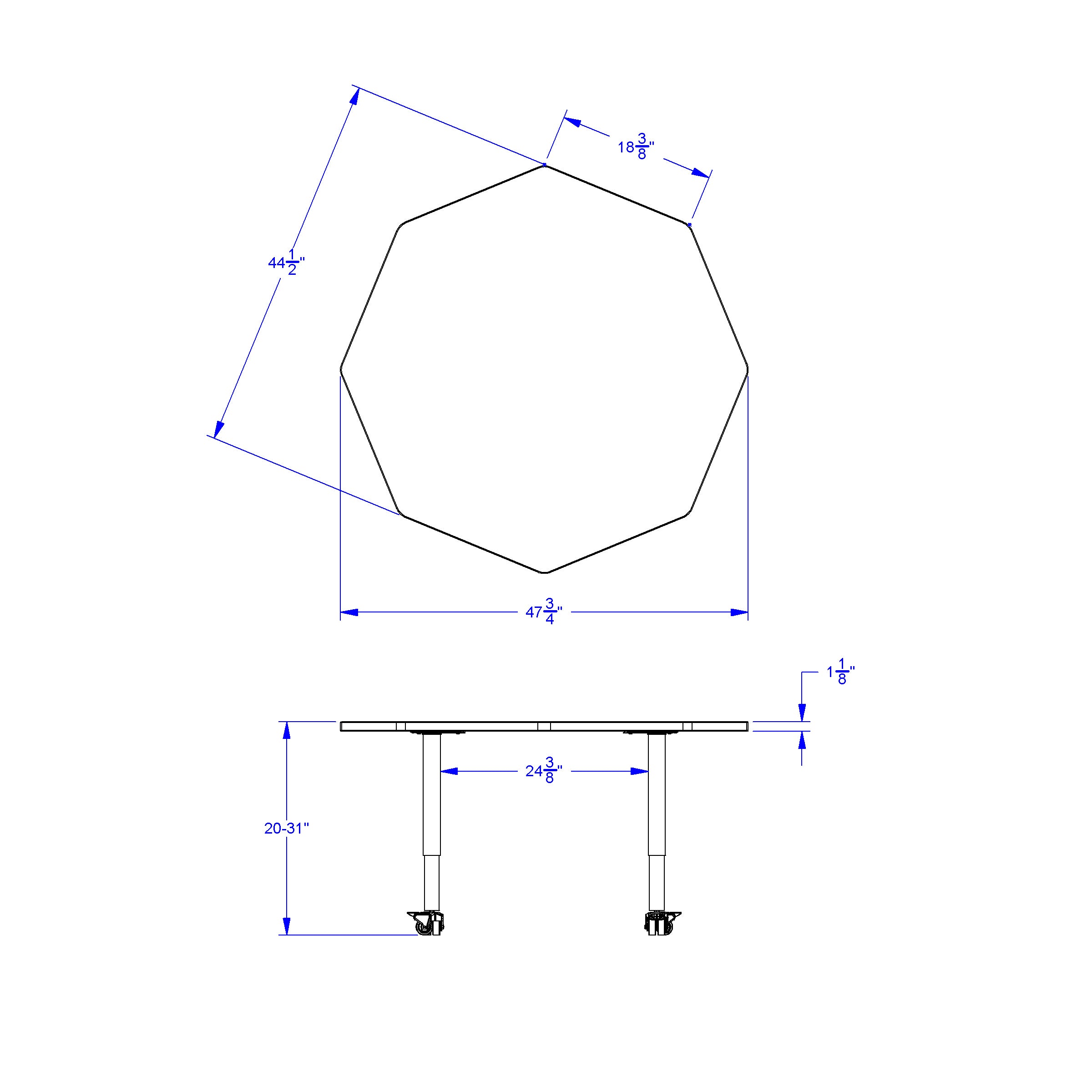 Berries® Octagon Activity Table - 48" X 48", Mobile - Freckled Gray/Green/Gray