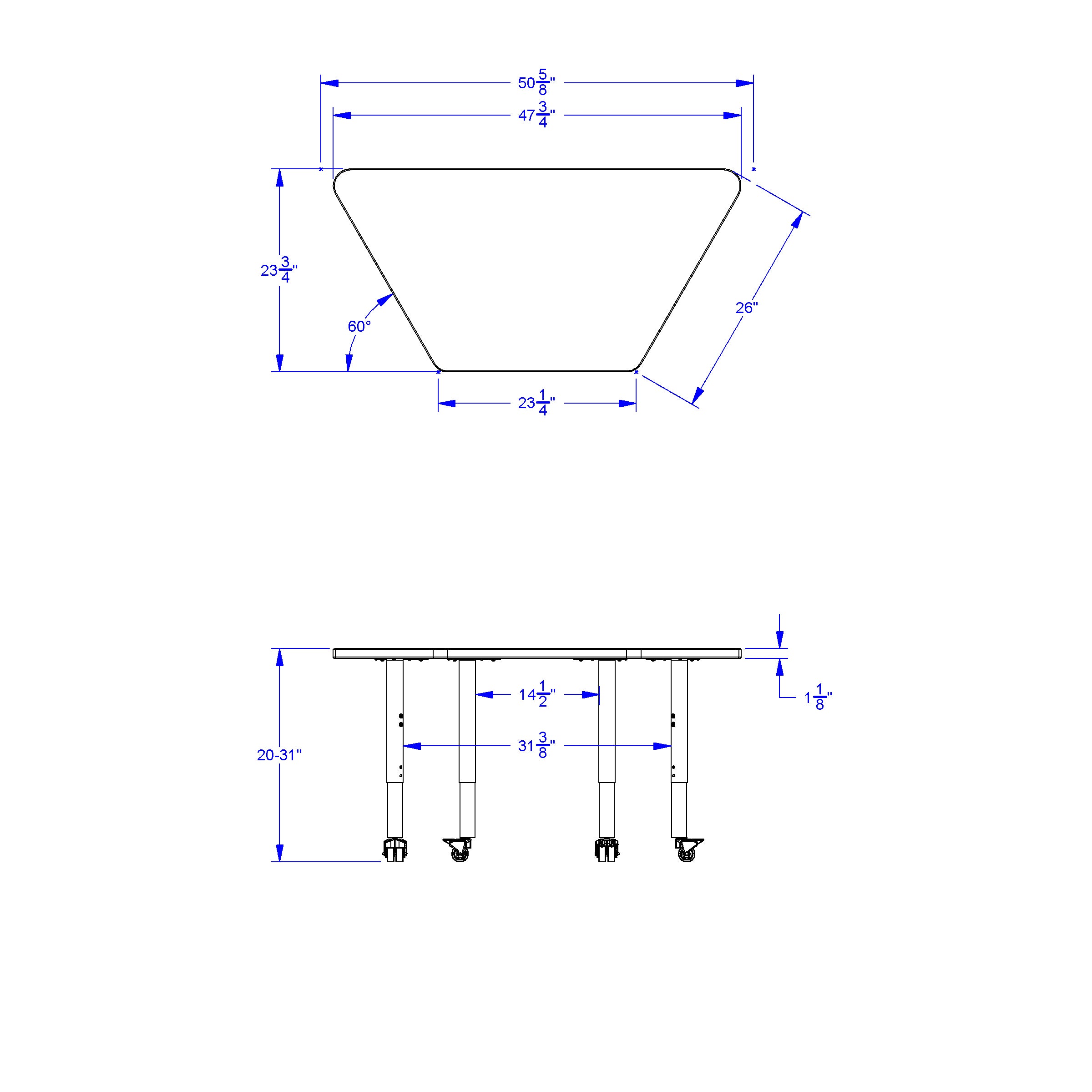 Berries® Trapezoid Activity Tables - 24" X 48", Mobile - Freckled Gray/Blue/Gray