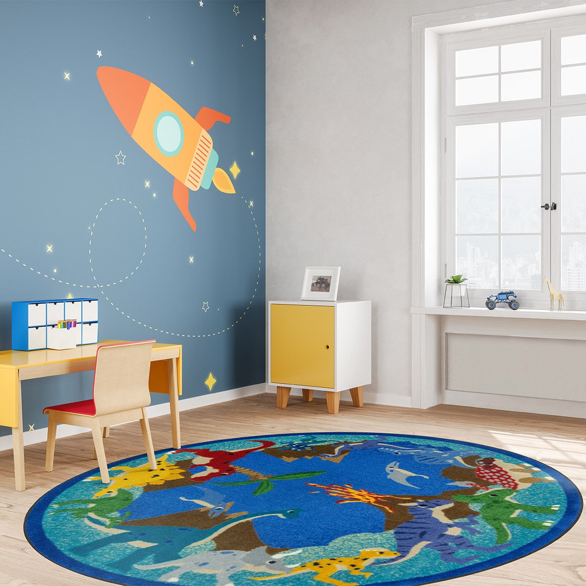 Dino Parade 5'4" Round area rug in color Multi
