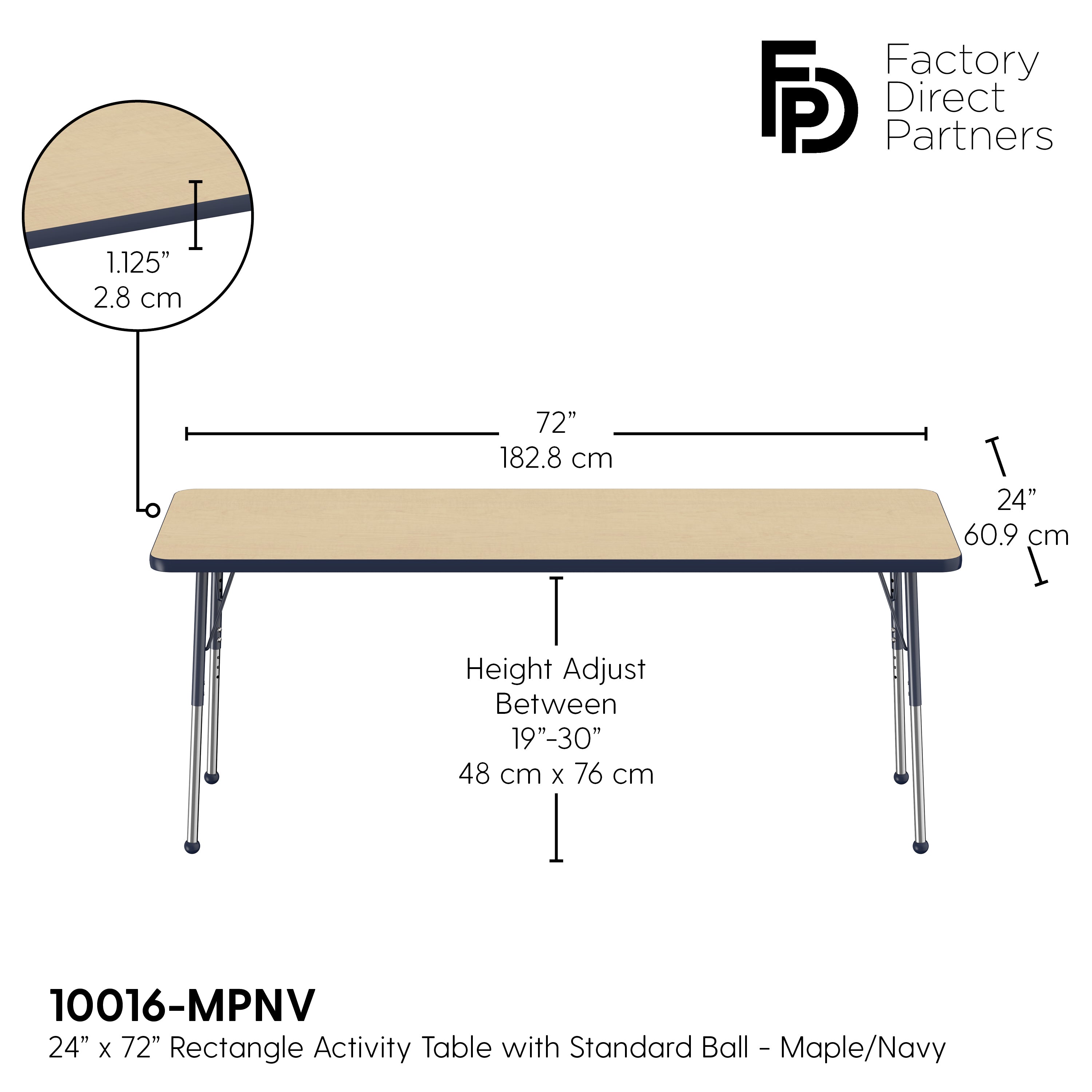 24" x 72" Rectangle T-Molding Activity Table with Adjustable Standard Ball Glide Legs - Maple/Navy