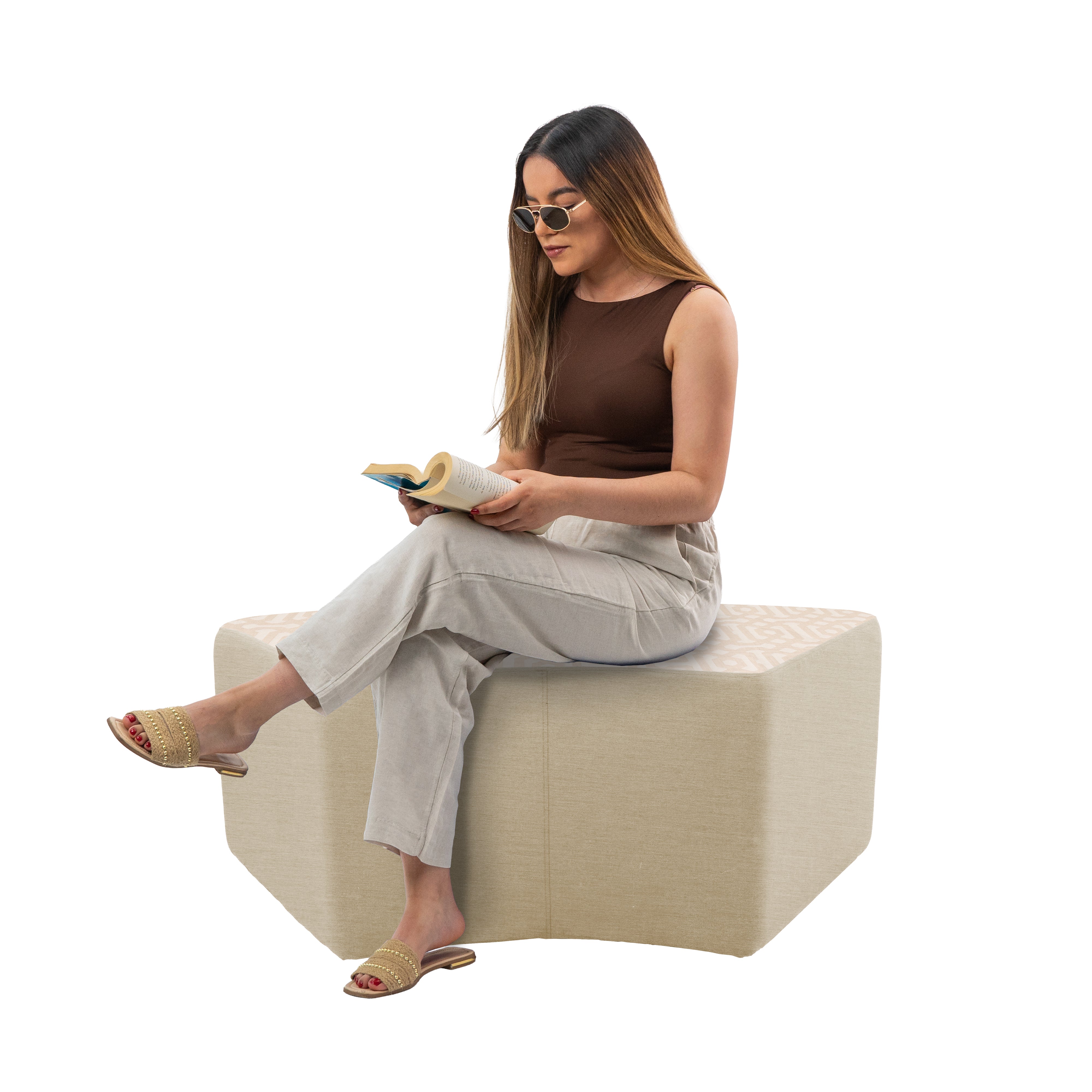 Outdoor 24" x 48" S-Curve Ottoman with Sunbrella, 18" H - Fretwork Flax/Spectrum Sand