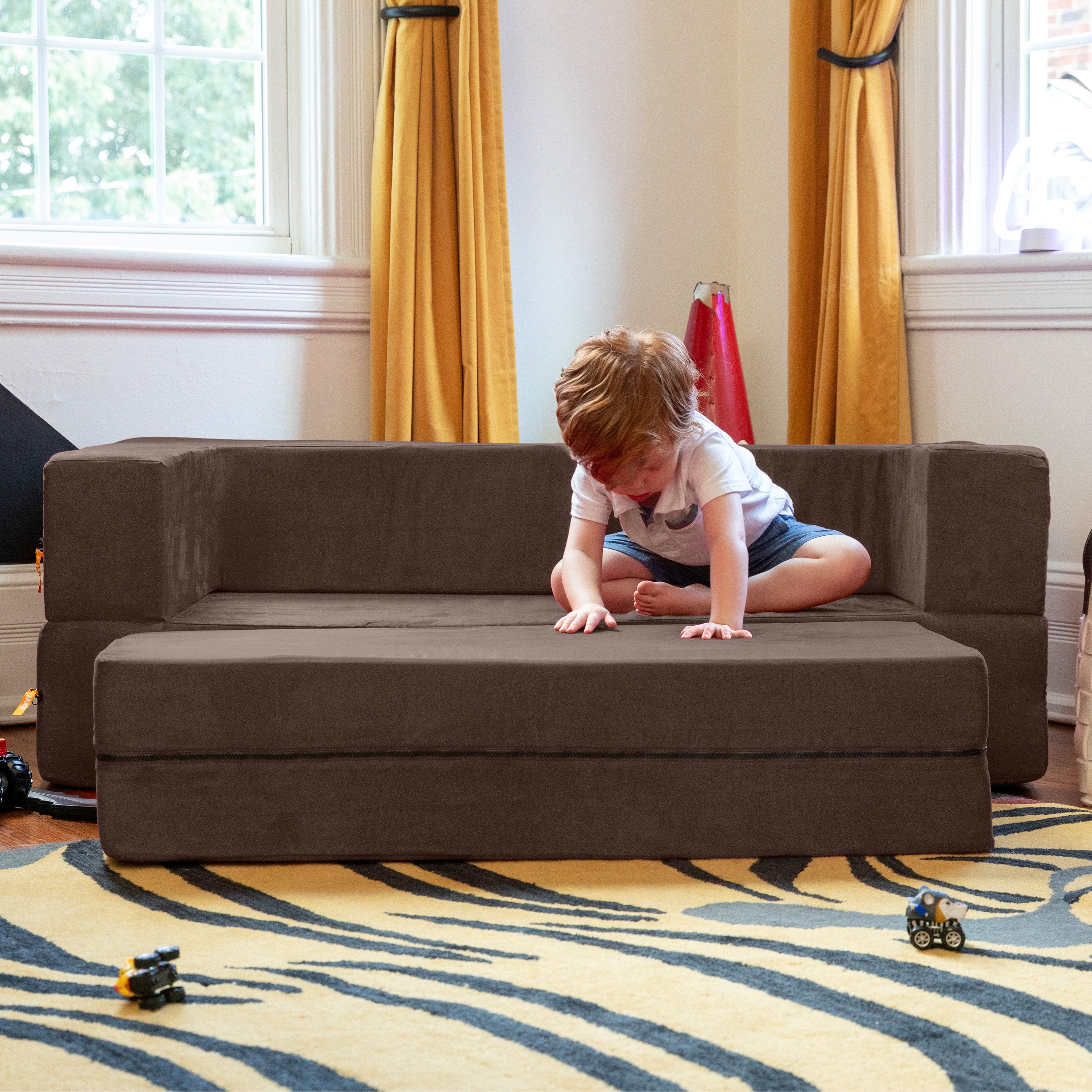 Jaxx Zipline Kids Sofa & Large Ottoman, 3 in 1 Fold Out Sofa, Big Kids Edition, Chocolate