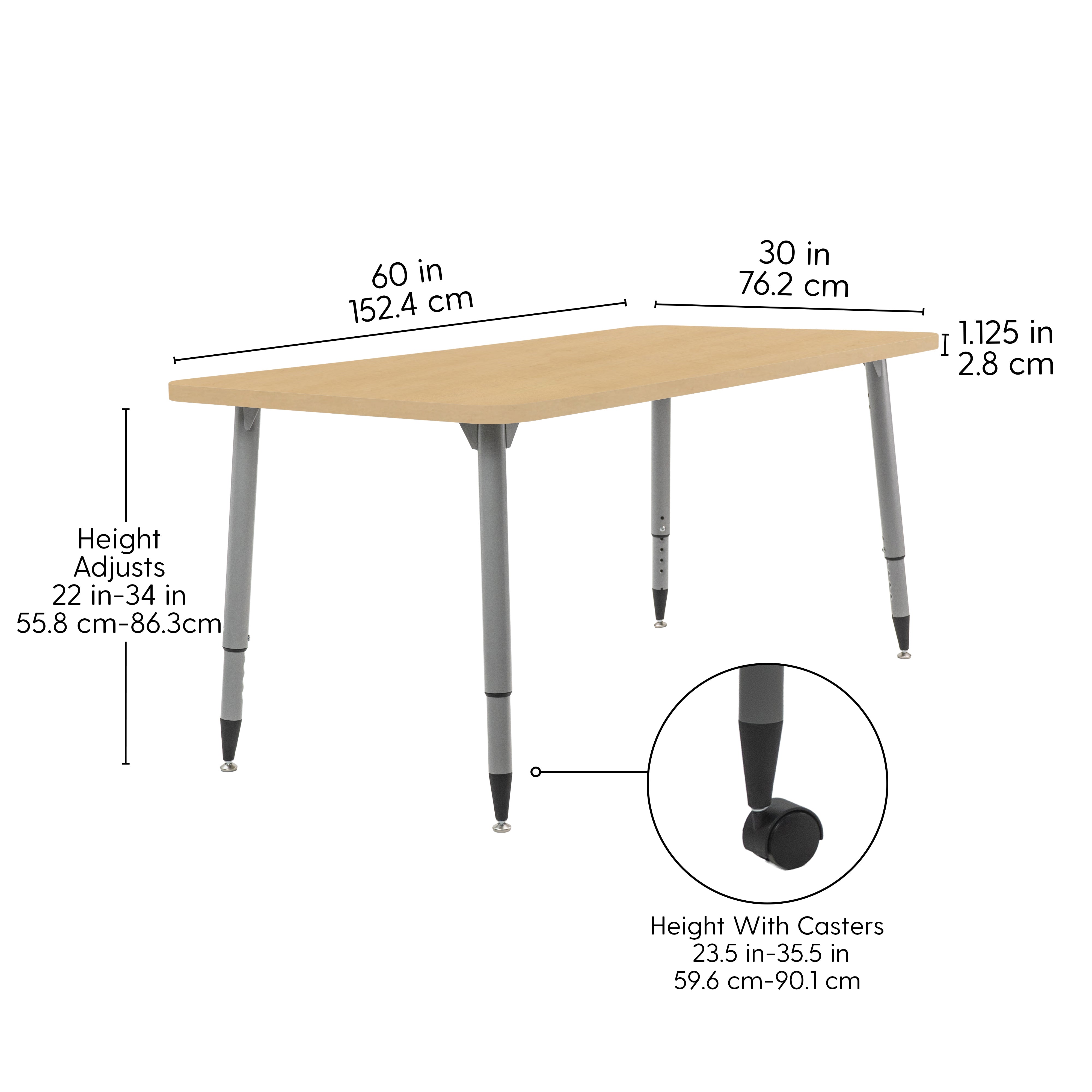 Adapte 30" x 60" Rectangle Woodgrain Activity Table with Adjustable Tapered Legs - Maple Grain/Silver