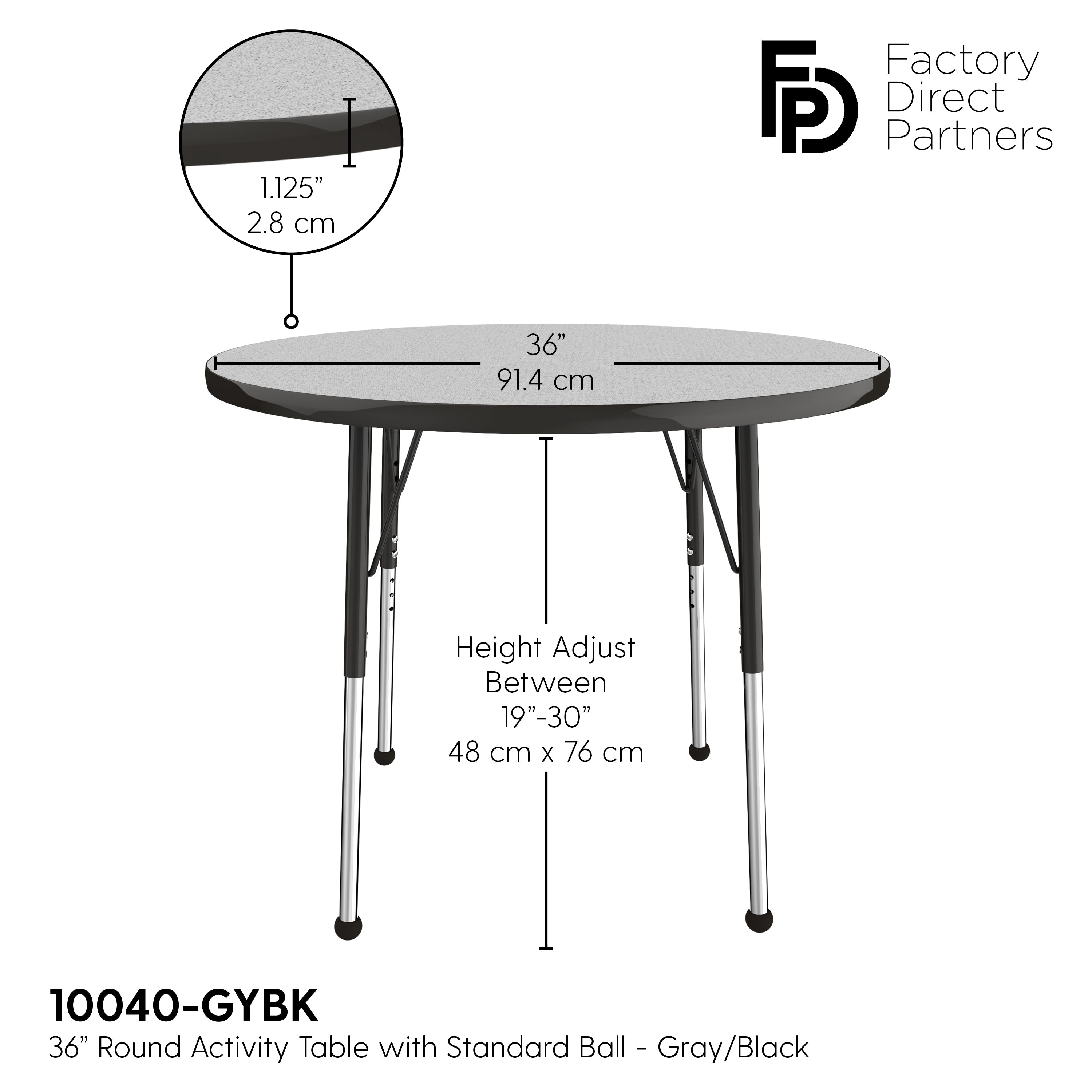 36" Round T-Molding Activity Table with Adjustable Standard Ball Glide Legs - Gray/Black