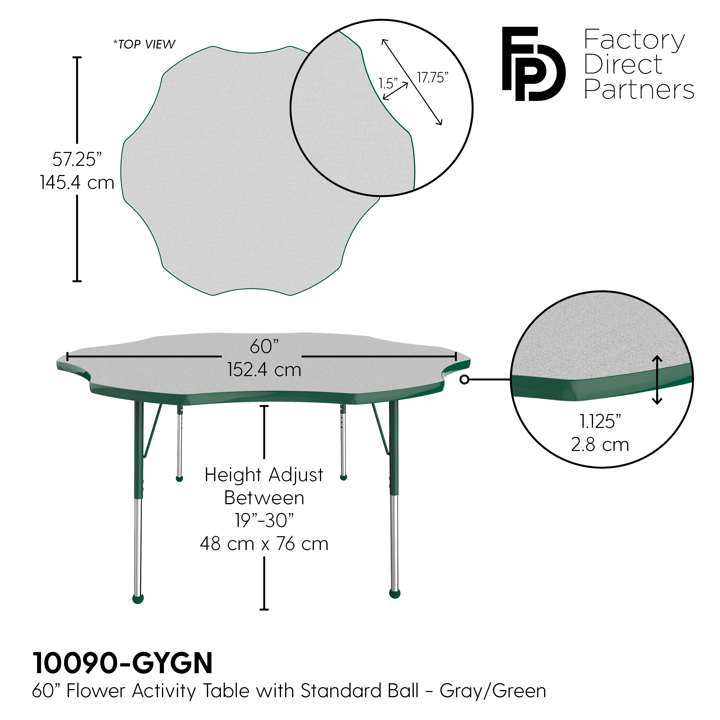 60" x 60" Flower T-Molding Activity Table with Adjustable Standard Ball Glide Legs - Gray/Green