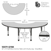 36" x 72" Half Moon T-Molding Activity Table with Adjustable Chunky Legs - Gray/Black