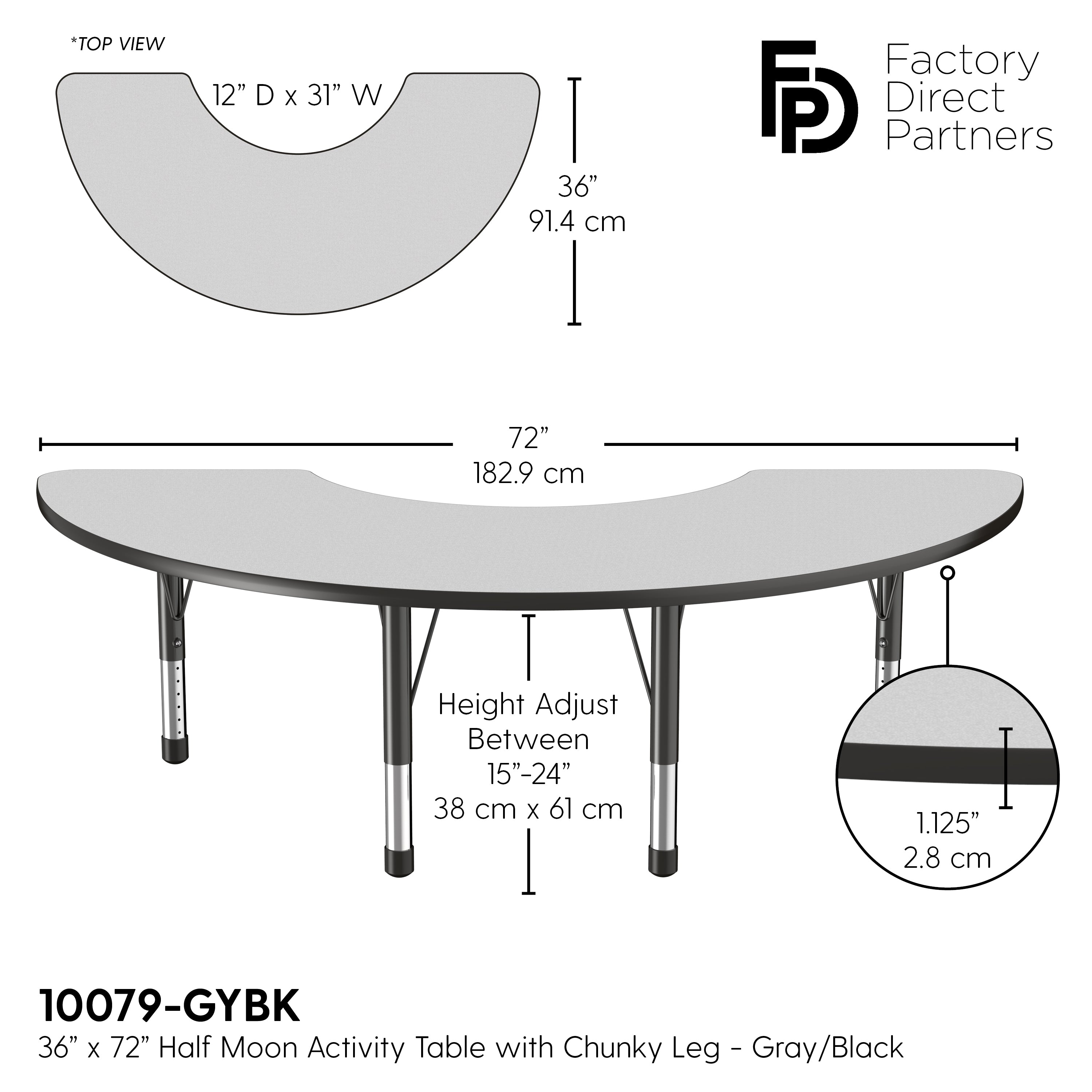 36" x 72" Half Moon T-Molding Activity Table with Adjustable Chunky Legs - Gray/Black