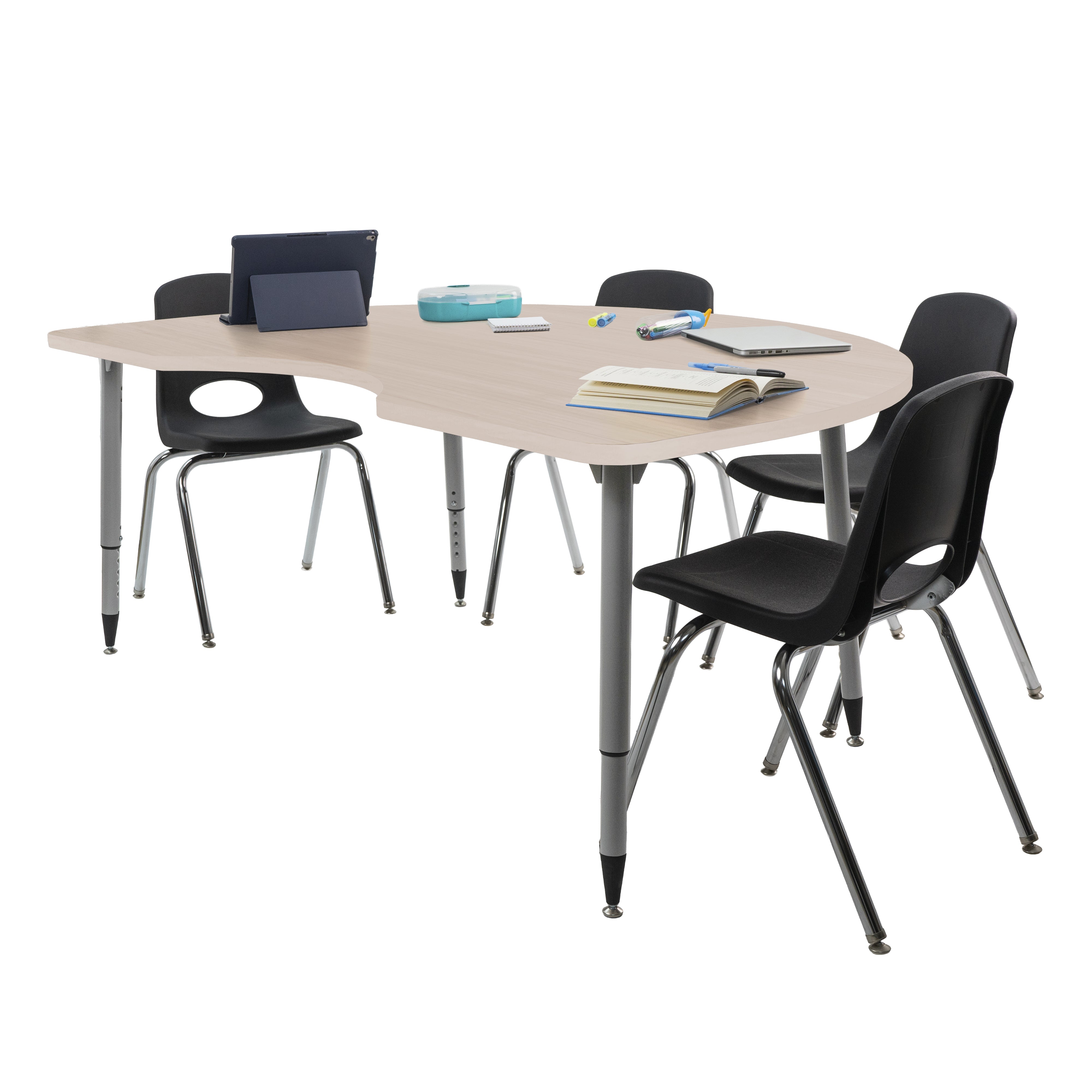 Adapte 48" x 72" Kidney Woodgrain Activity Table with Adjustable Tapered Legs - Asian Sand/Silver