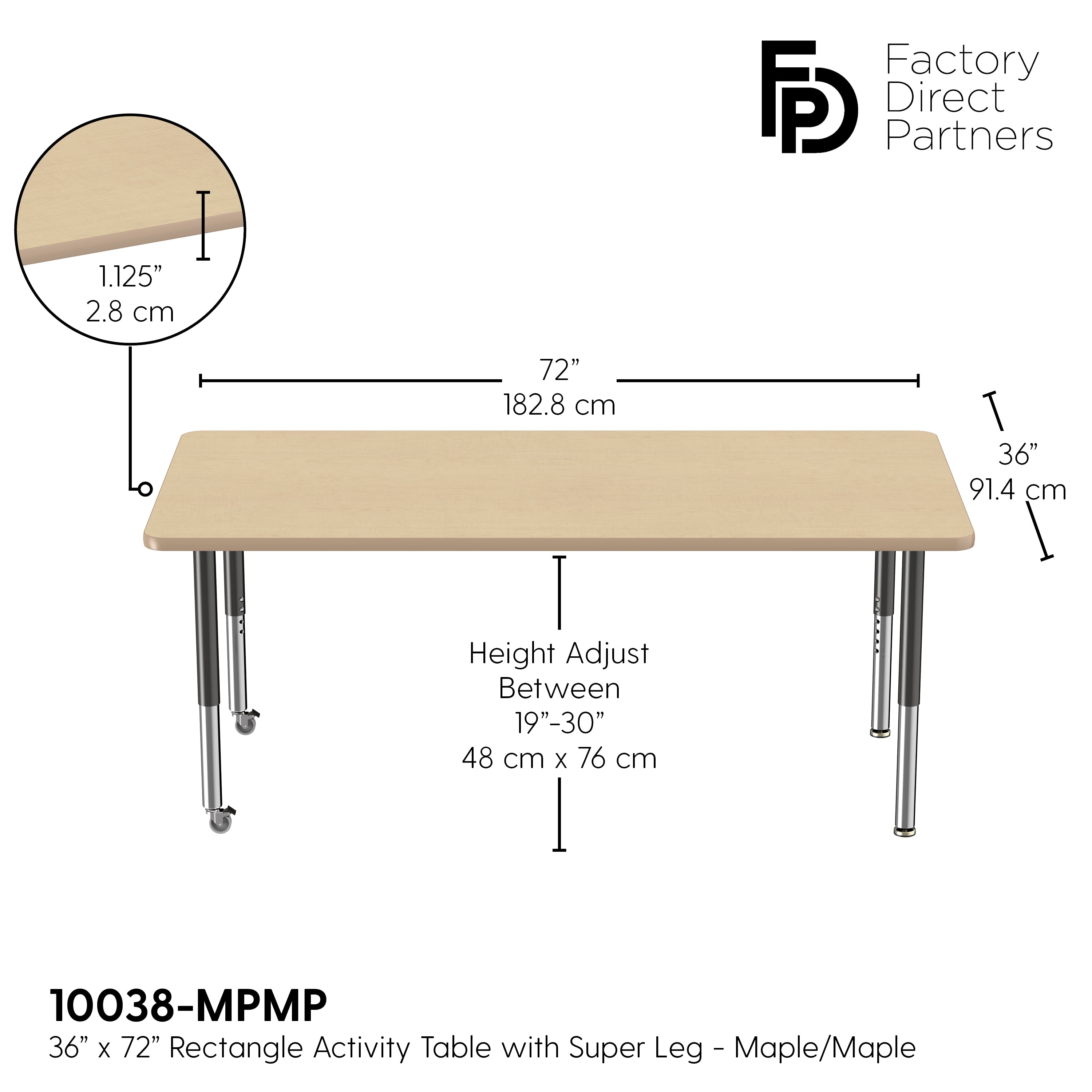 36" x 72" Rectangle T-Molding Activity Table with Adjustable Super Legs - Maple/Maple/Black
