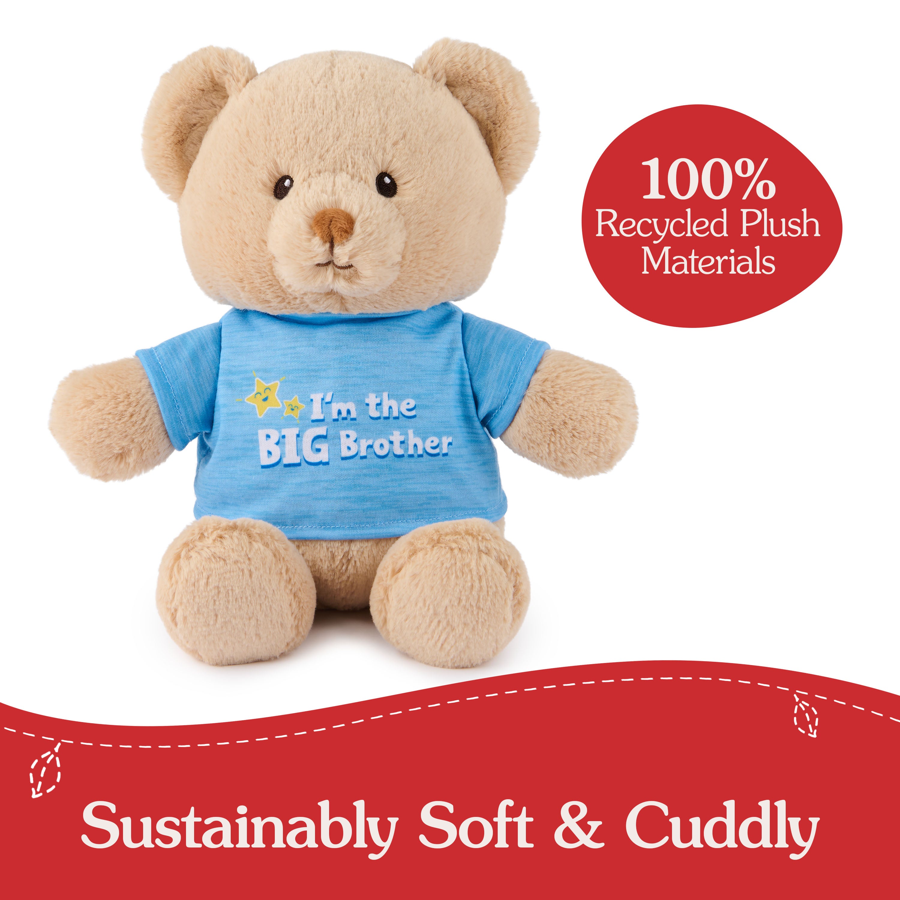 GUND “I'm the Big Brother” Sustainable Message Bear with Blue T-Shirt, Teddy Bear Made from 100% Recycled Materials for Ages 1 and Up, Tan, 12”