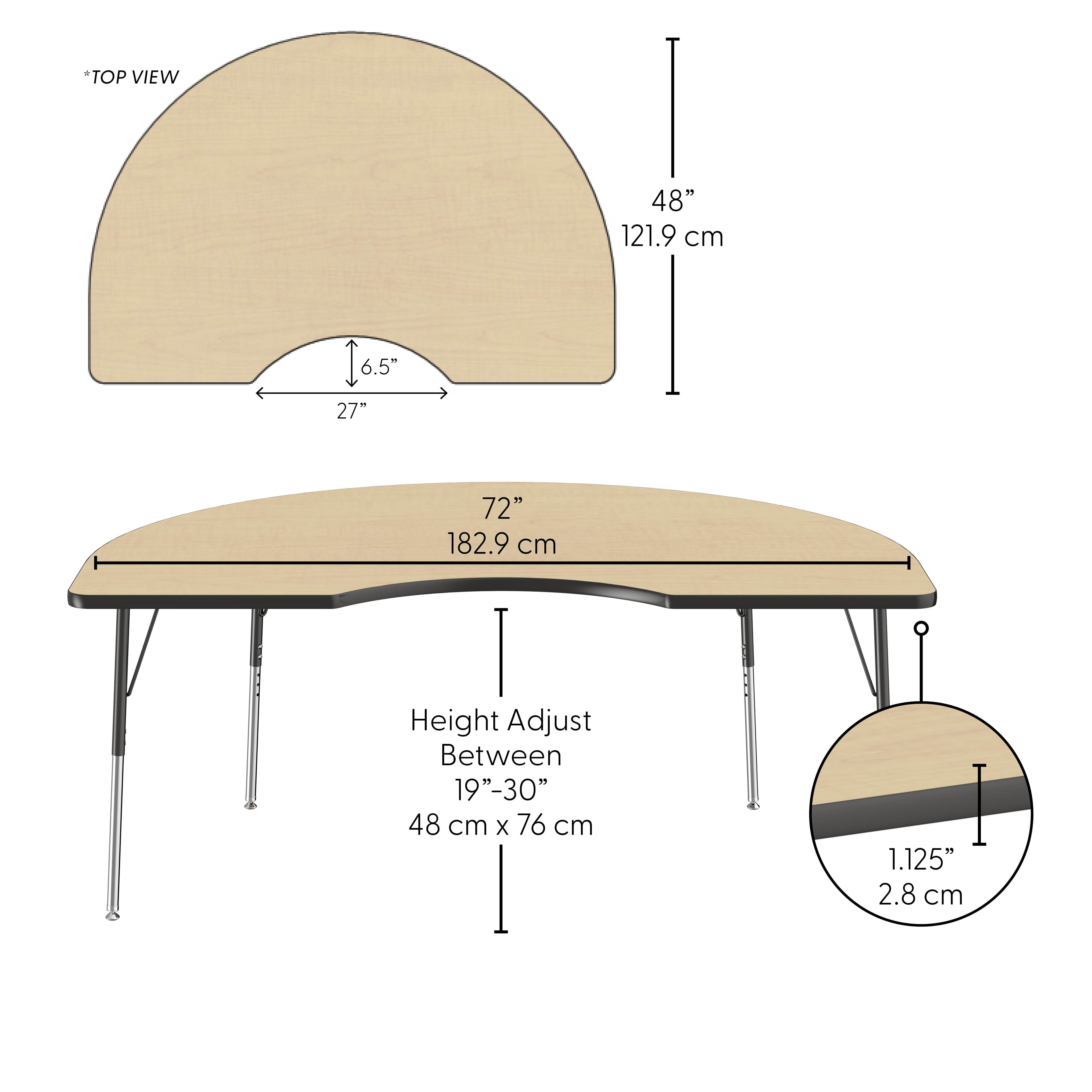 48" x 72" Kidney Thermofused Activity Table with Adjustable Standard Swivel Glide Legs - Maple/Black