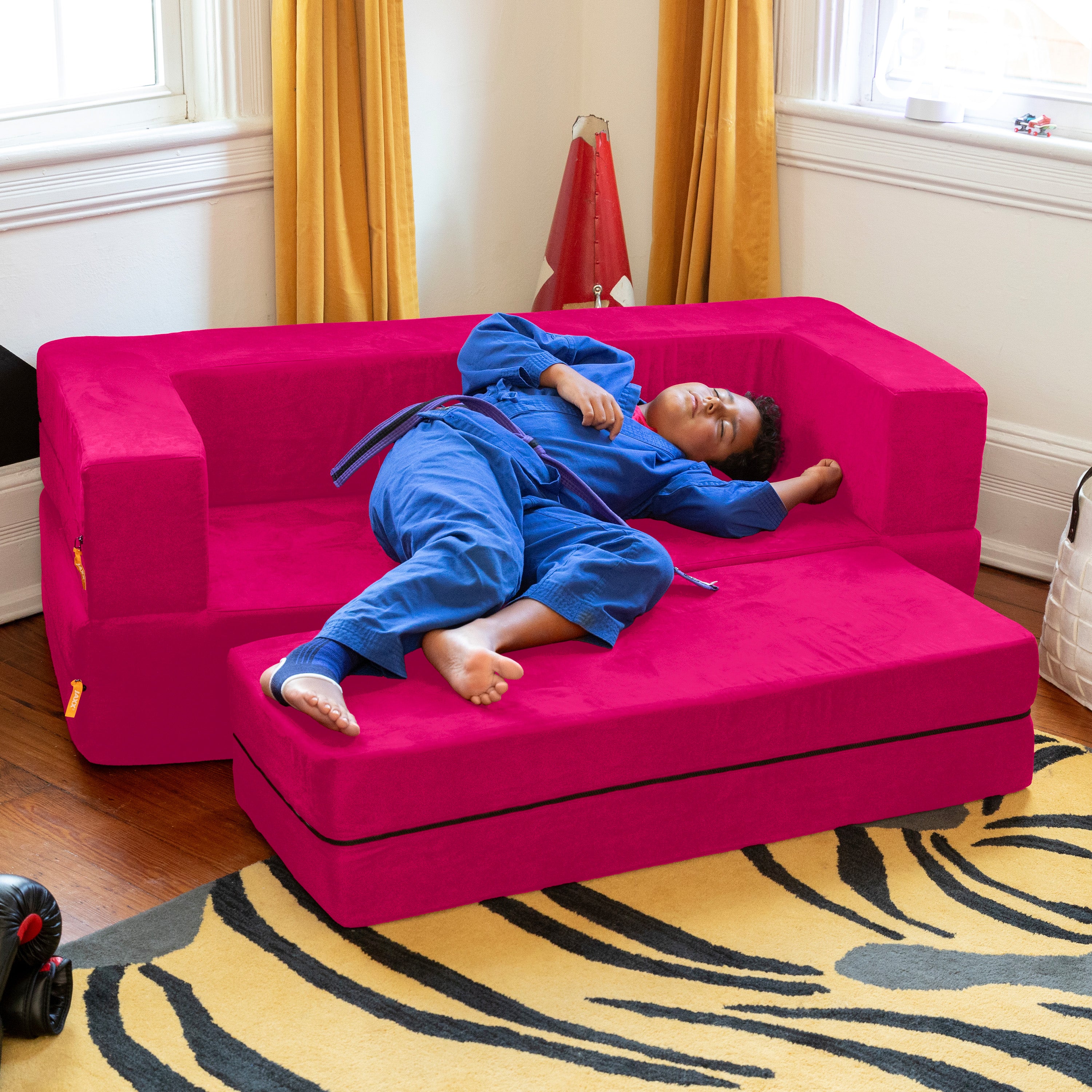 Jaxx Zipline Kids Sofa & Large Ottoman, 3 in 1 Fold Out Sofa, Big Kids Edition, Fuchsia