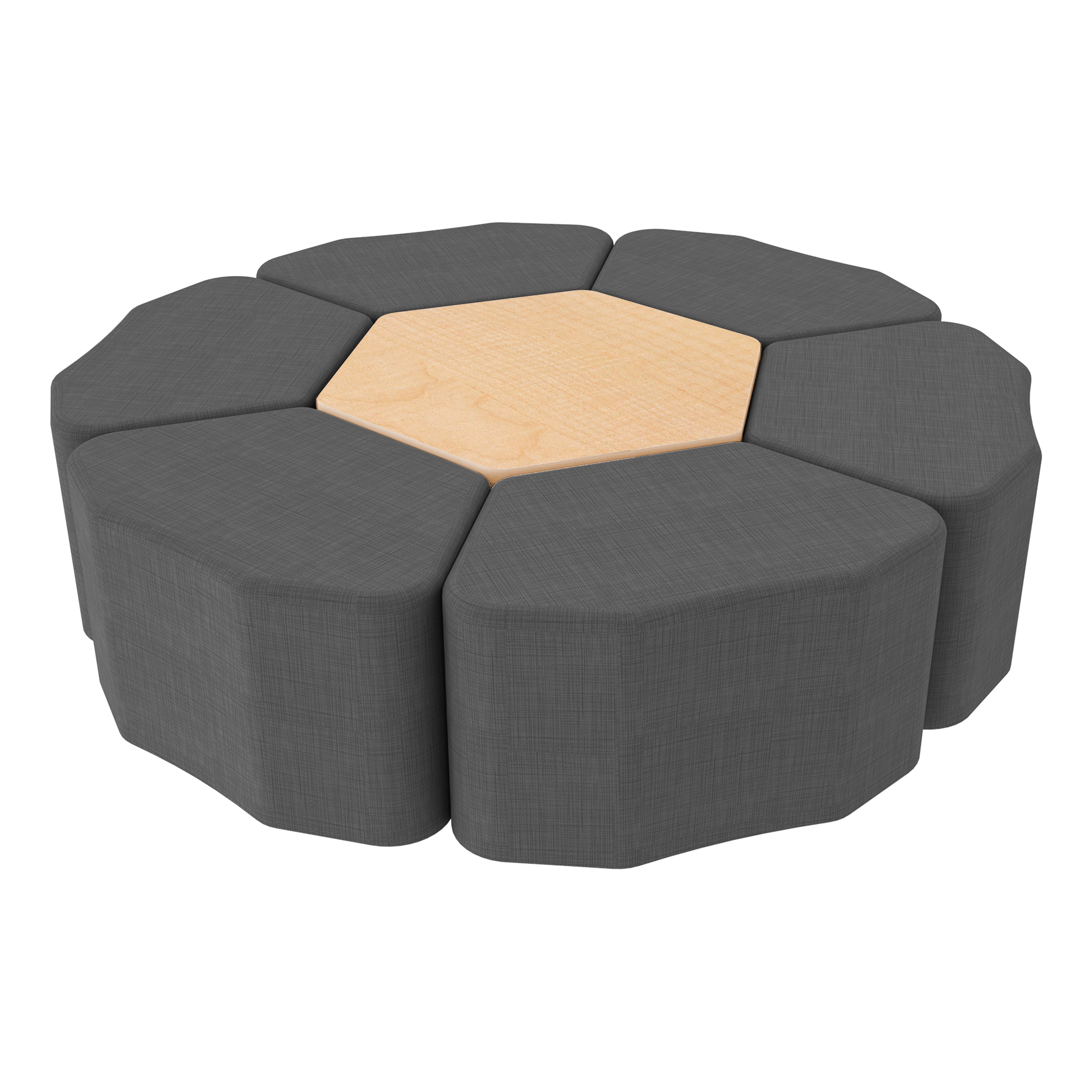 Pro Series Hexagon Ottoman Table with Petal 18" H Seating, 7-Piece Set - Slate Gray Crosshatch/Maple