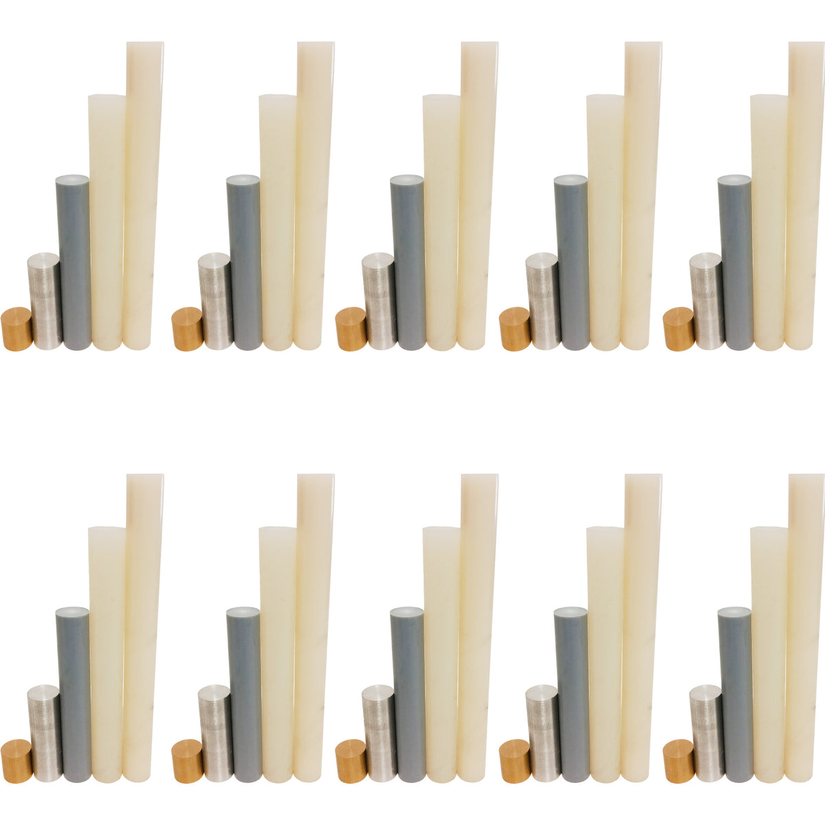 Density Rod Set, Five Equal-Mass Rods of Different Materials, Pack of 10 Sets