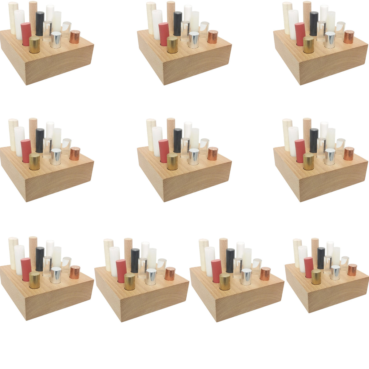 Density Rod Set, Twelve Rods of Different Materials, Case of 10 Sets