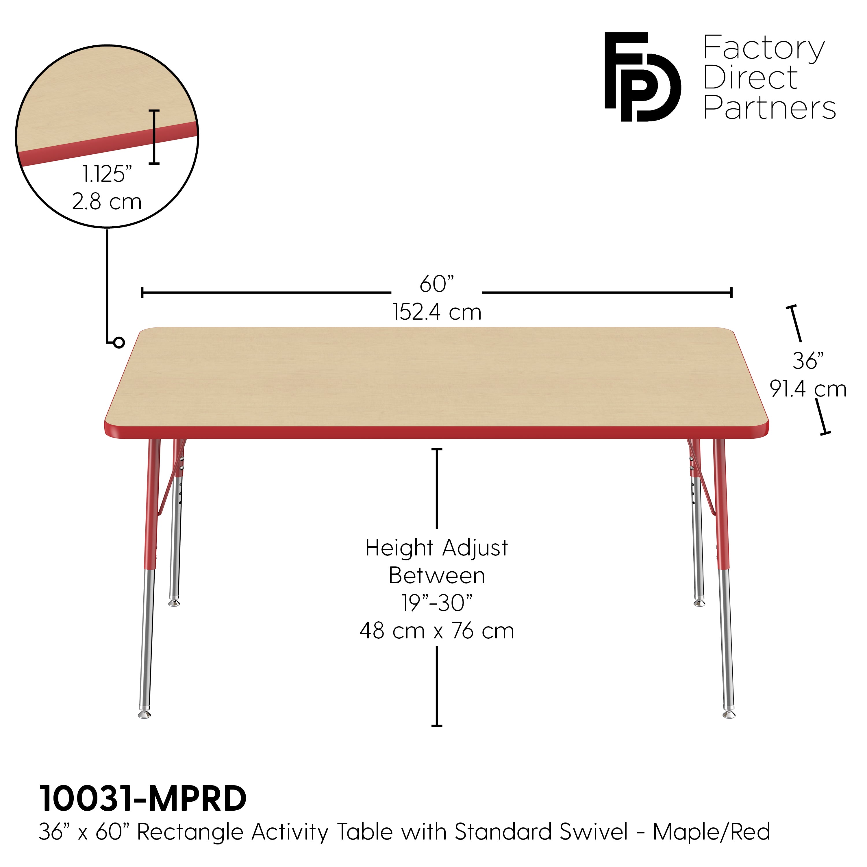 36" x 60" Rectangle T-Molding Activity Table with Adjustable Standard Swivel Glide Legs - Maple/Red