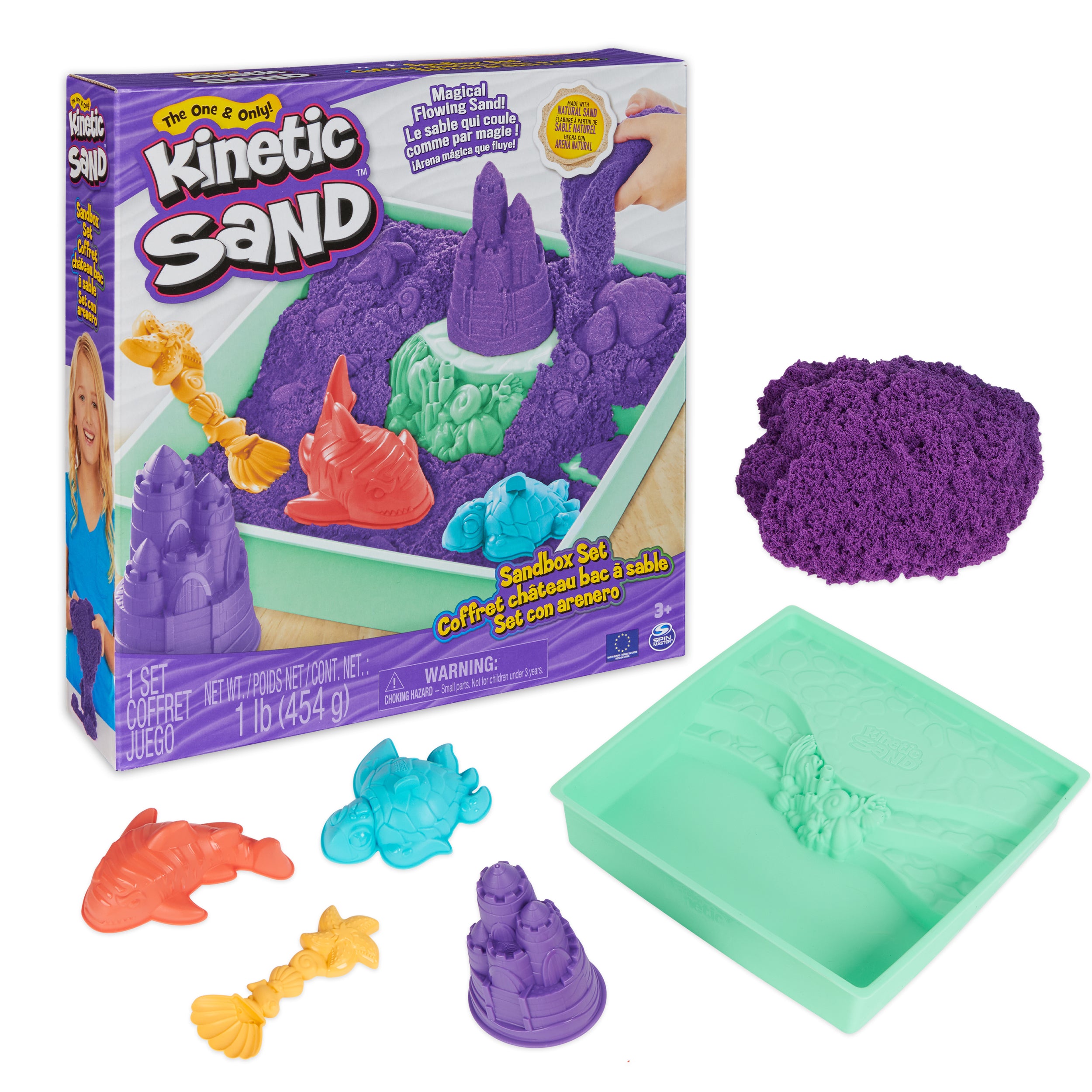 Kinetic Sand, Sandbox Set with 1lb Purple Play Sand, 4 Tools & Molds, Storage, Sensory Toys for Kids Ages 3 and up