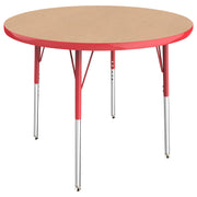36" Round T-Molding Activity Table with Adjustable Standard Swivel Glide Legs - Maple/Red