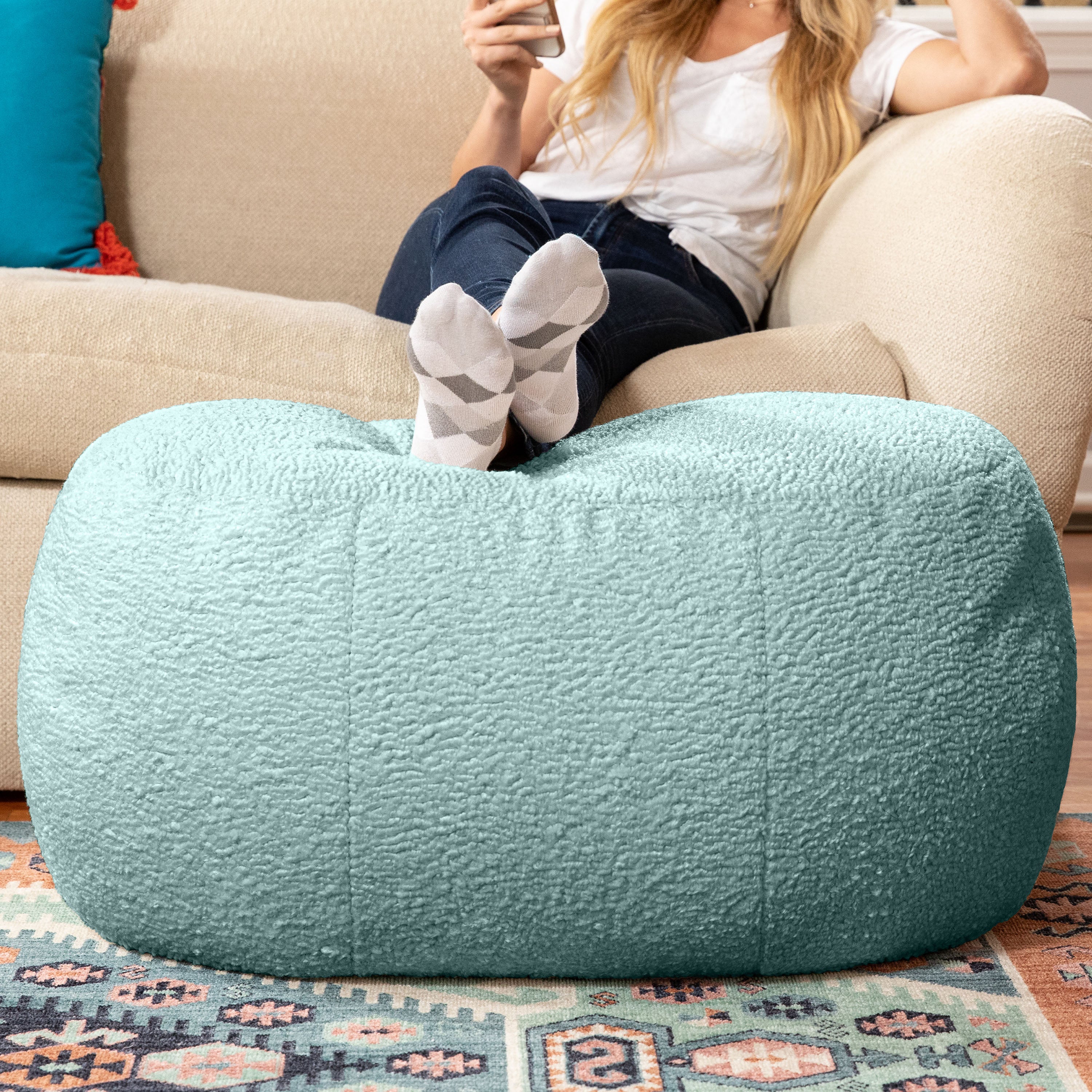 Jaxx Ellis Ottoman Shearling Faux-Lamb Plush Pouf for Modern Interior Design, Oval, Mineral Green