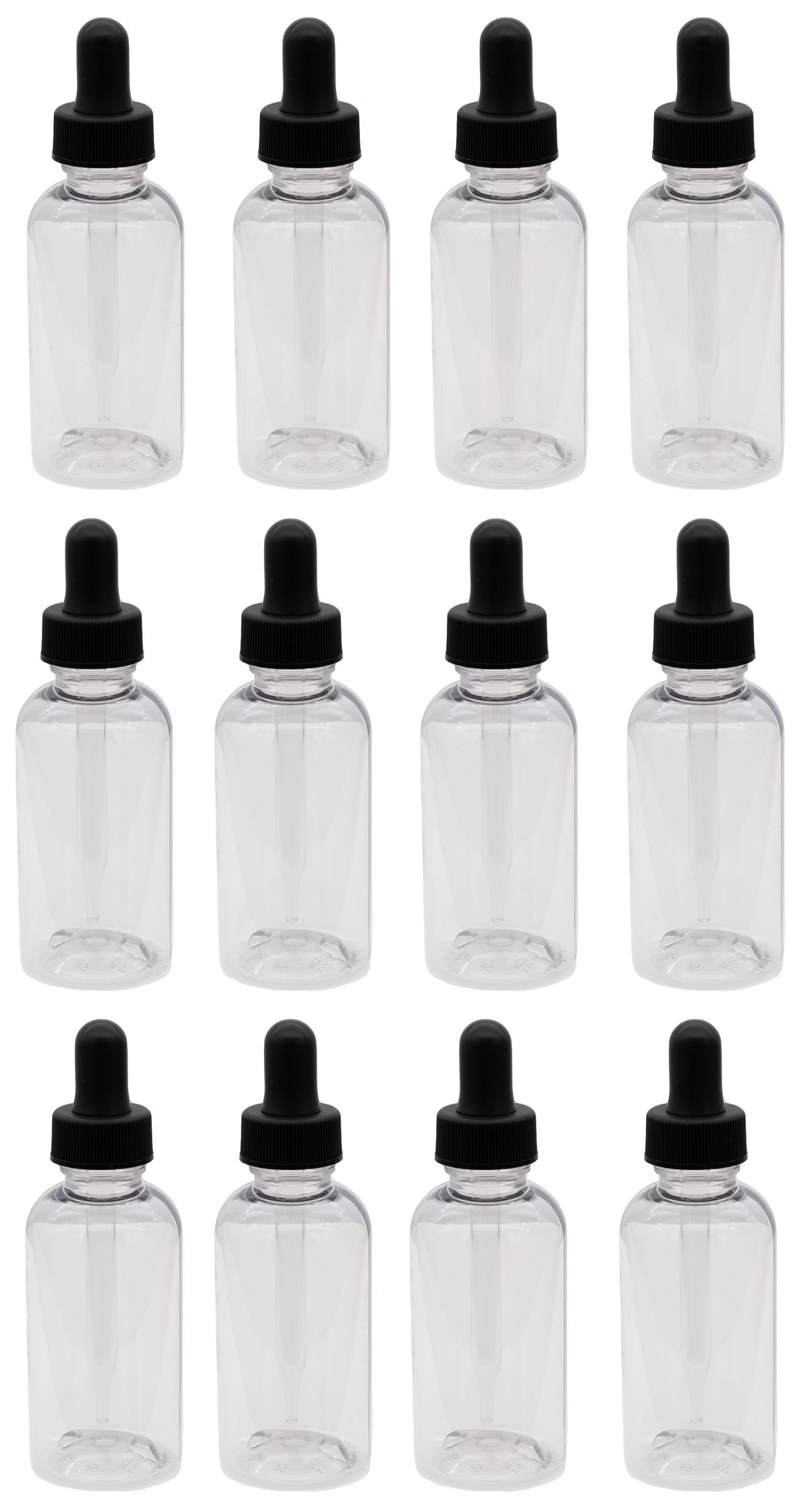 Bottle, PET, Boston Round, Clear, 2oz, with Glass Pipette Dropper Assembly, 20/400 Neck Size, Pack of 12