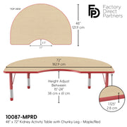 48" x 72" Kidney T-Molding Activity Table with Adjustable Chunky Legs - Maple/Red