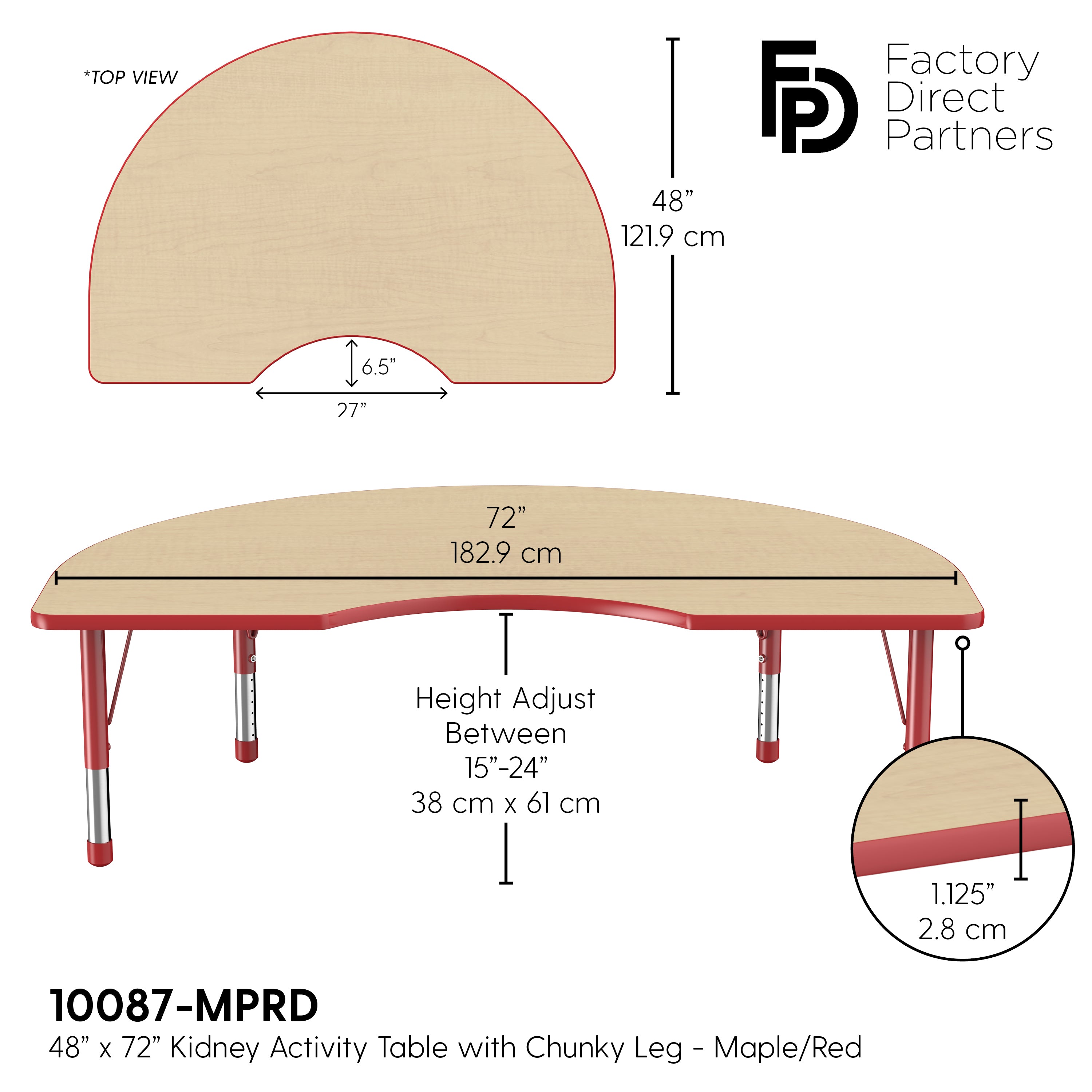 48" x 72" Kidney T-Molding Activity Table with Adjustable Chunky Legs - Maple/Red