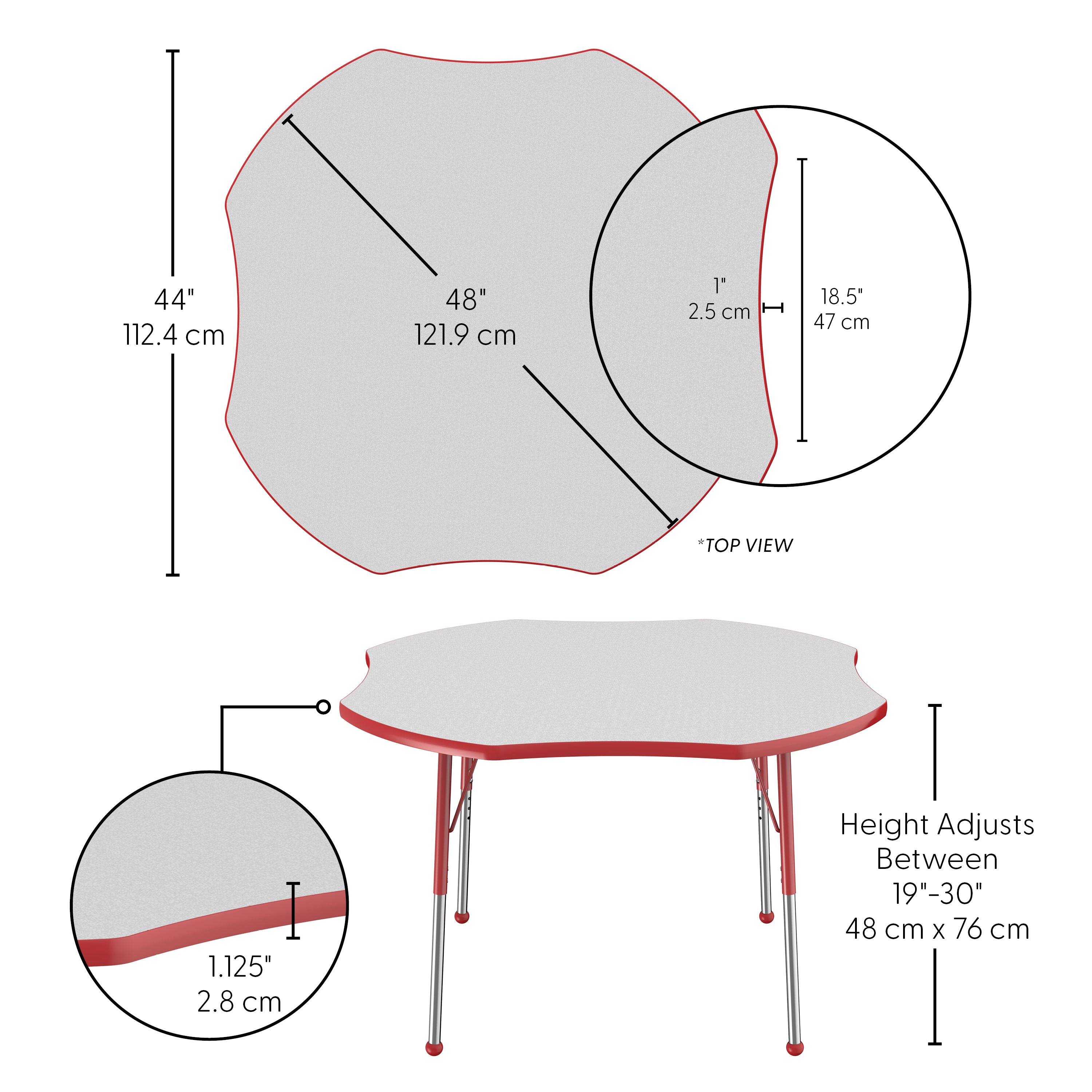 48" x 48" Clover T-Molding Activity Table with Adjustable Standard Ball Glide Legs - Gray/Red