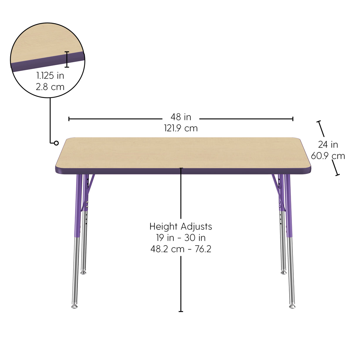 24" x 48" Rectangle T-Molding Activity Table with Adjustable Standard Swivel Glide Legs - Maple/Purple