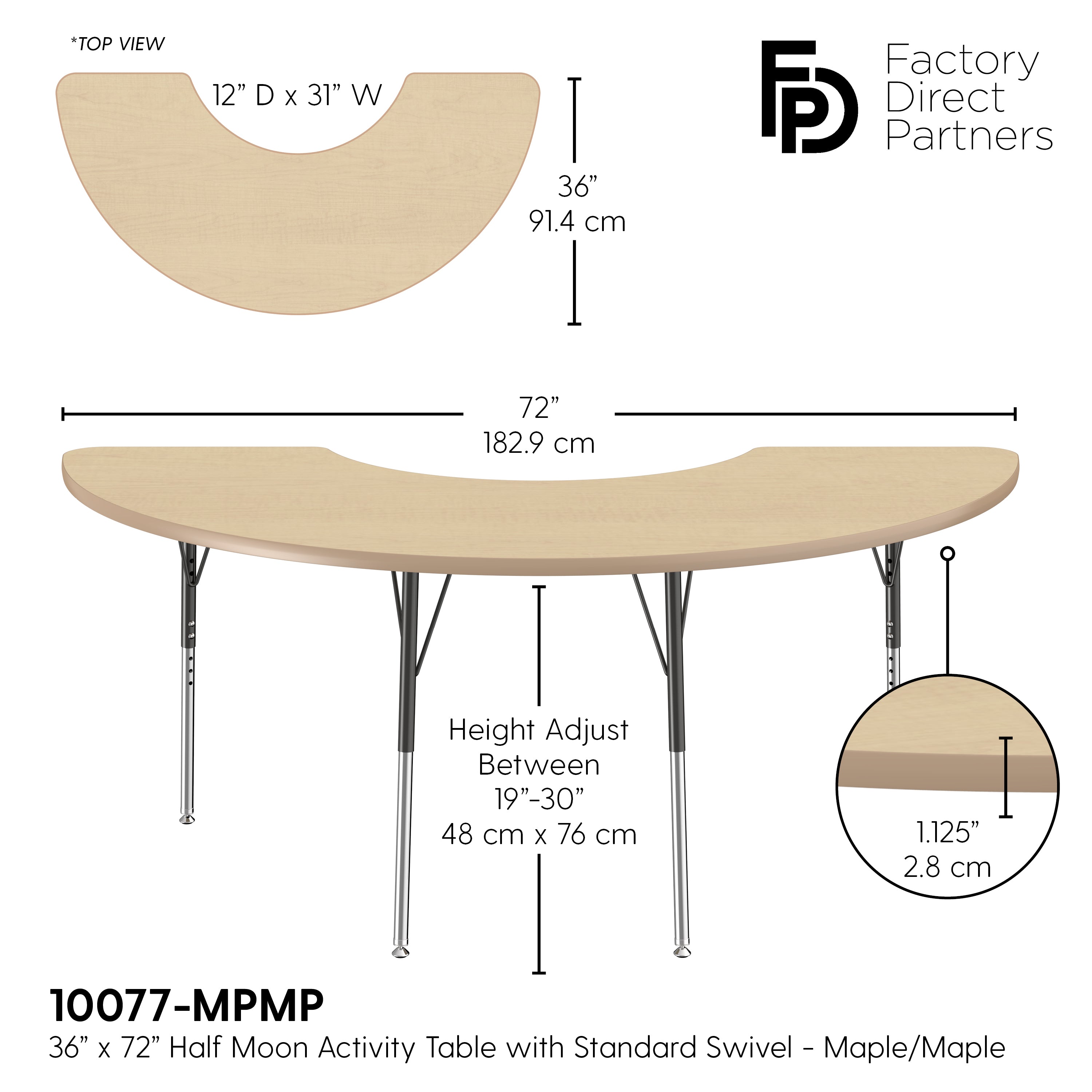 36" x 72" Half Moon T-Molding Activity Table with Adjustable Standard Swivel Glide Legs - Maple/Maple/Black