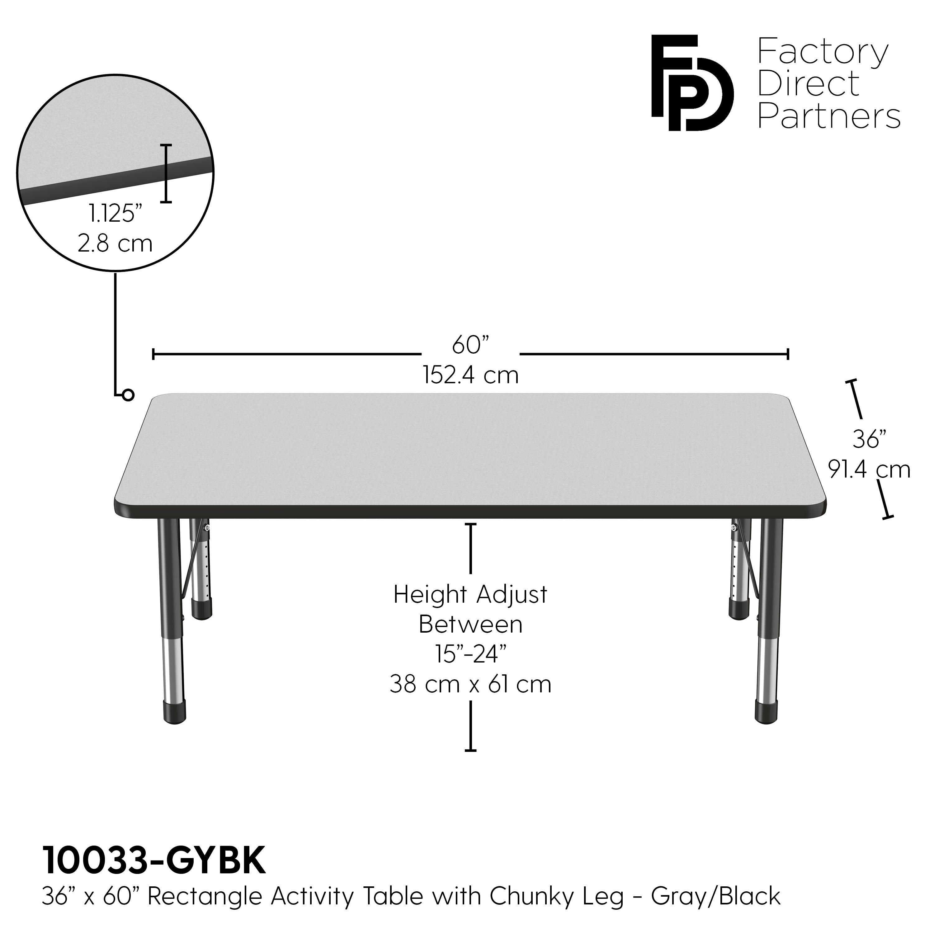 36" x 60" Rectangle T-Molding Activity Table with Adjustable Chunky Legs - Gray/Black