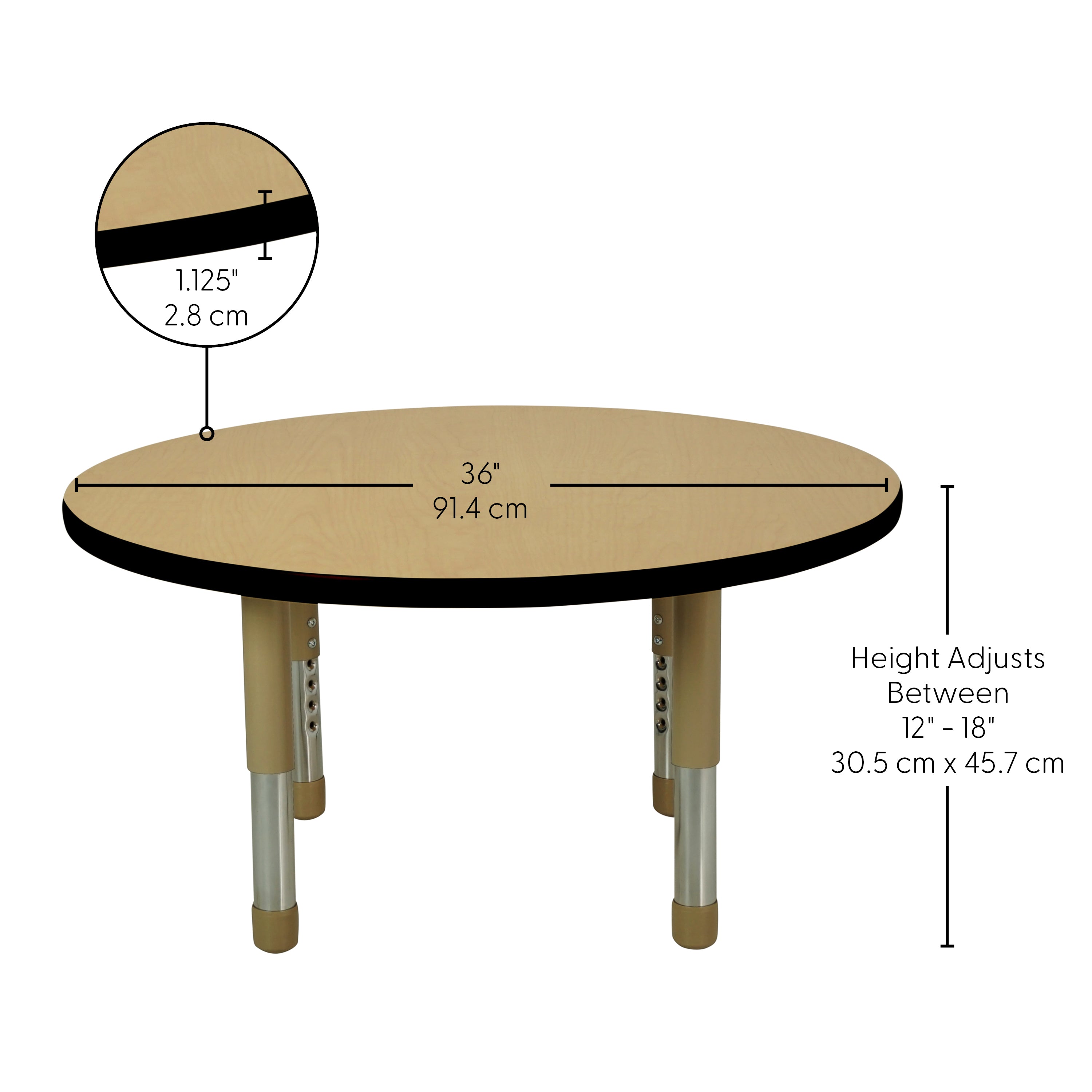 36" Round T-Molding Activity Table with Adjustable Tiny Tot Legs - Maple/Black/Sand