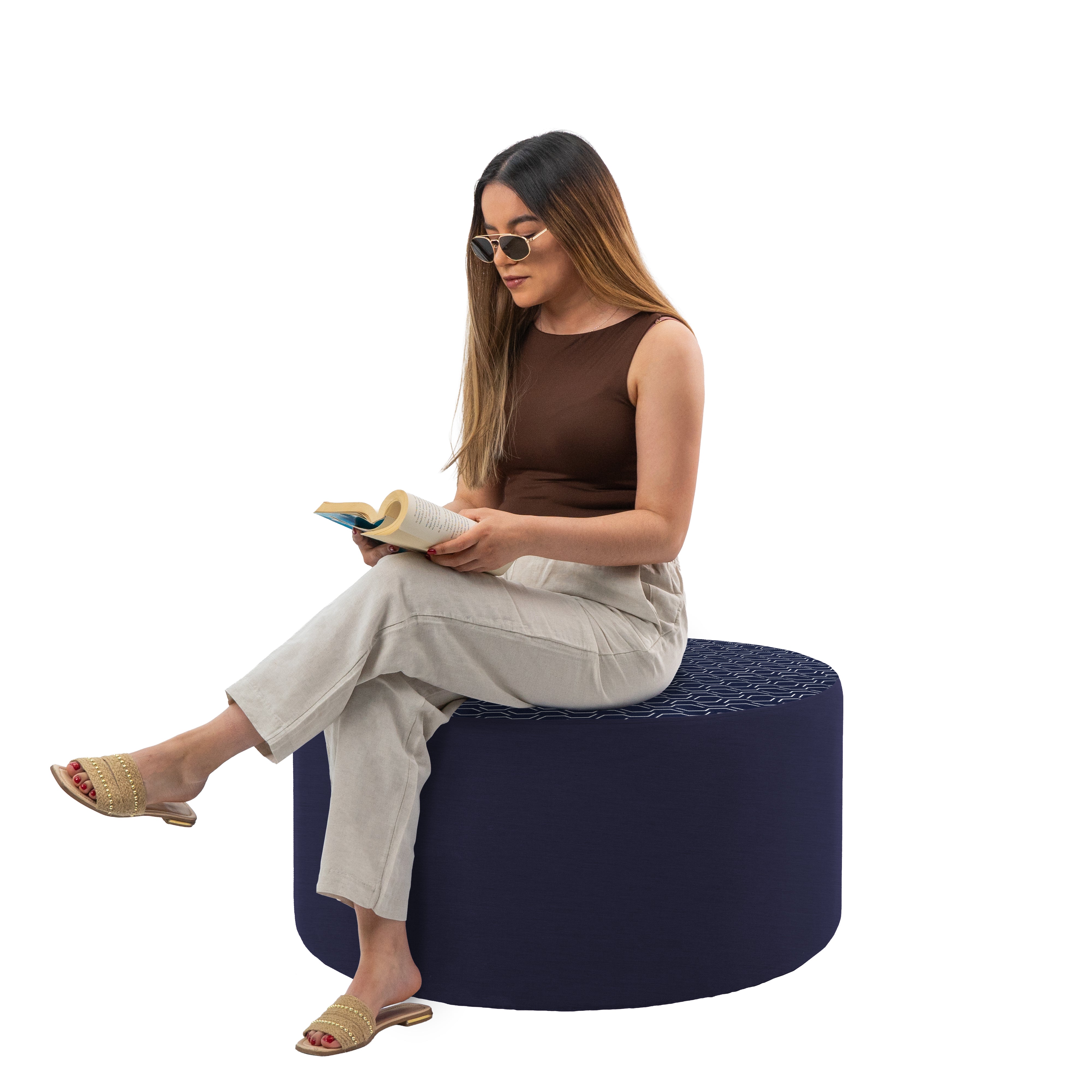 Outdoor 36" Round Ottoman with Sunbrella, 18" H - Adaptation Indigo/Canvas Navy