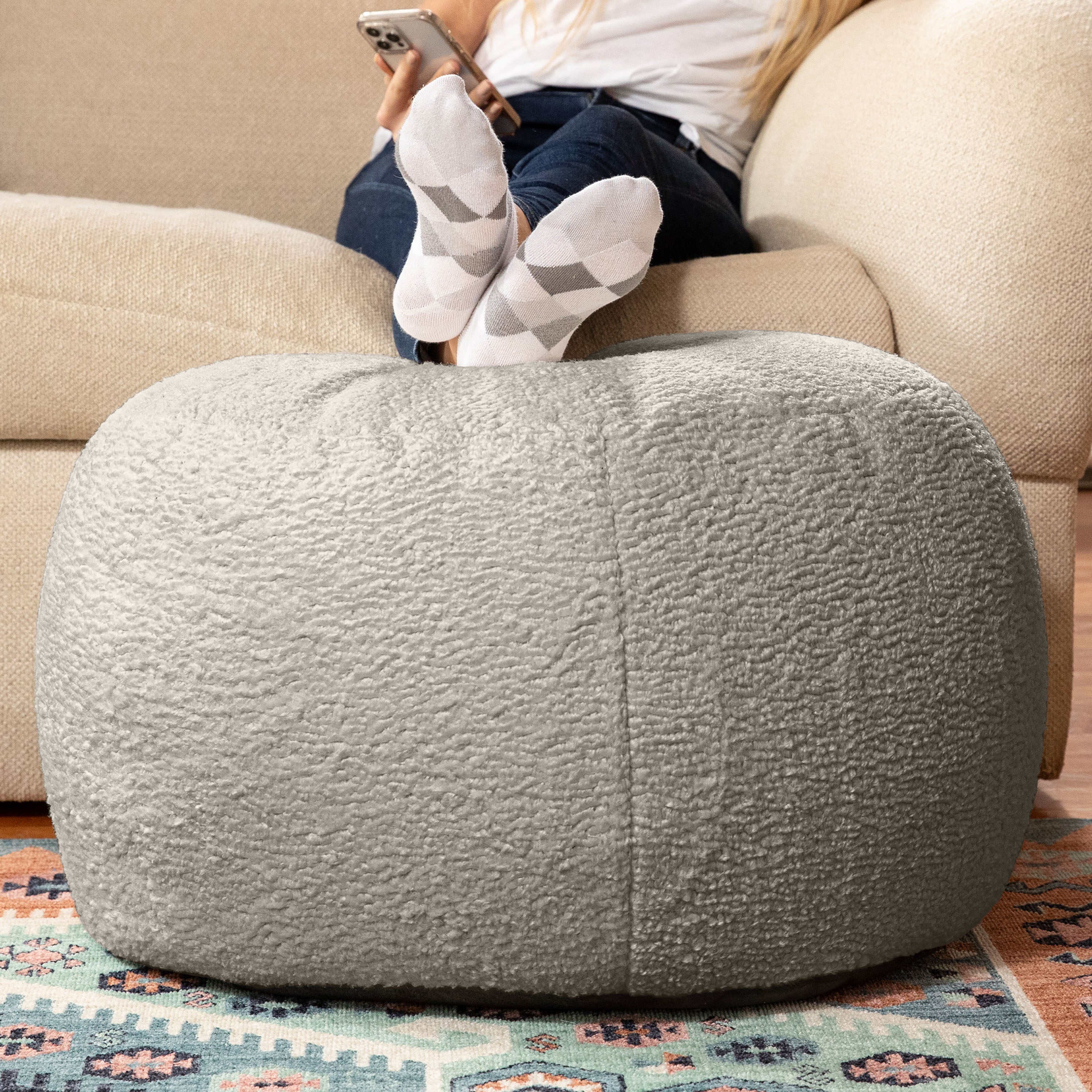 Jaxx Ellis Ottoman Shearling Faux-Lamb Plush Pouf for Modern Interior Design, Large, Smoke
