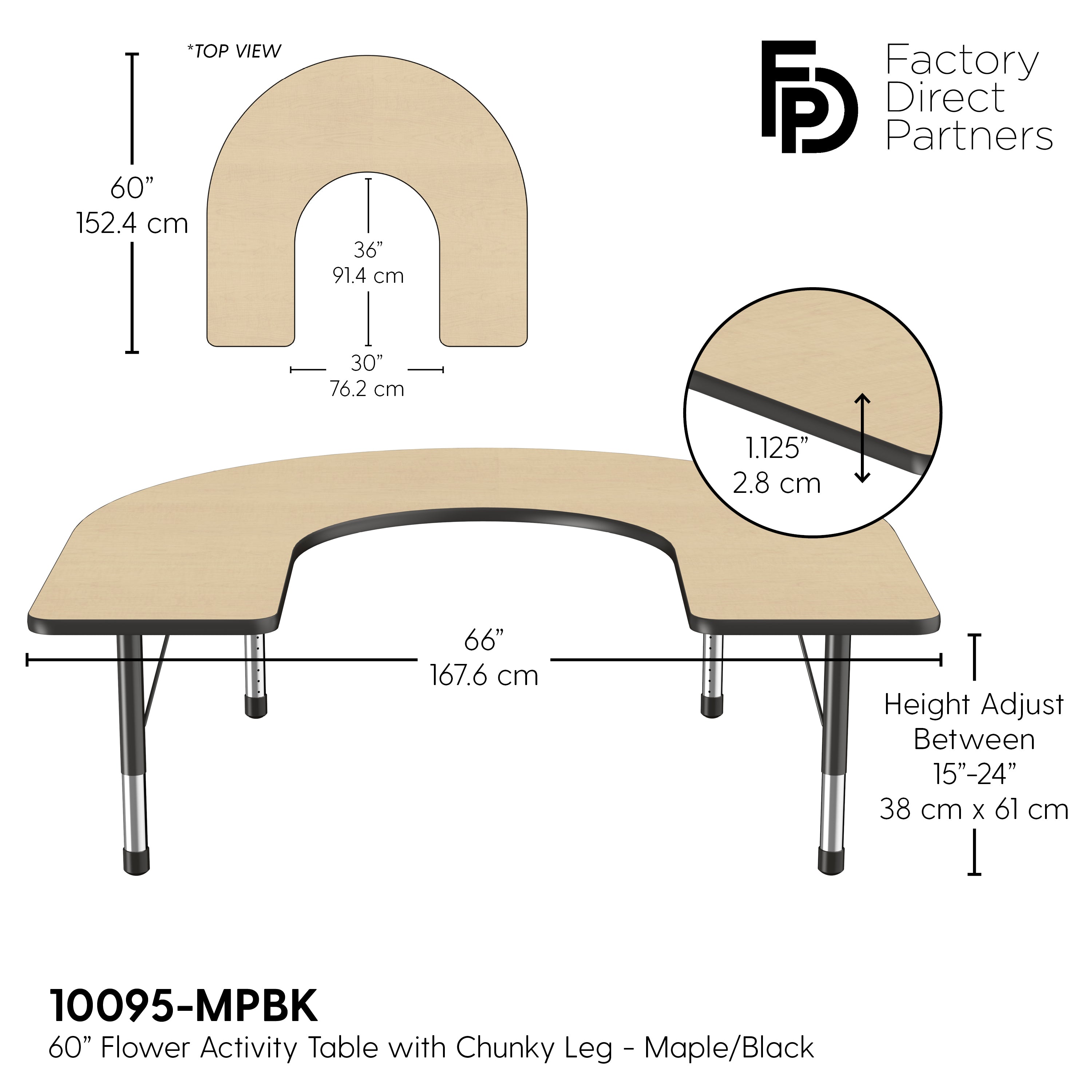 60" x 66" Horseshoe T-Molding Activity Table with Adjustable Chunky Legs - Maple/Black