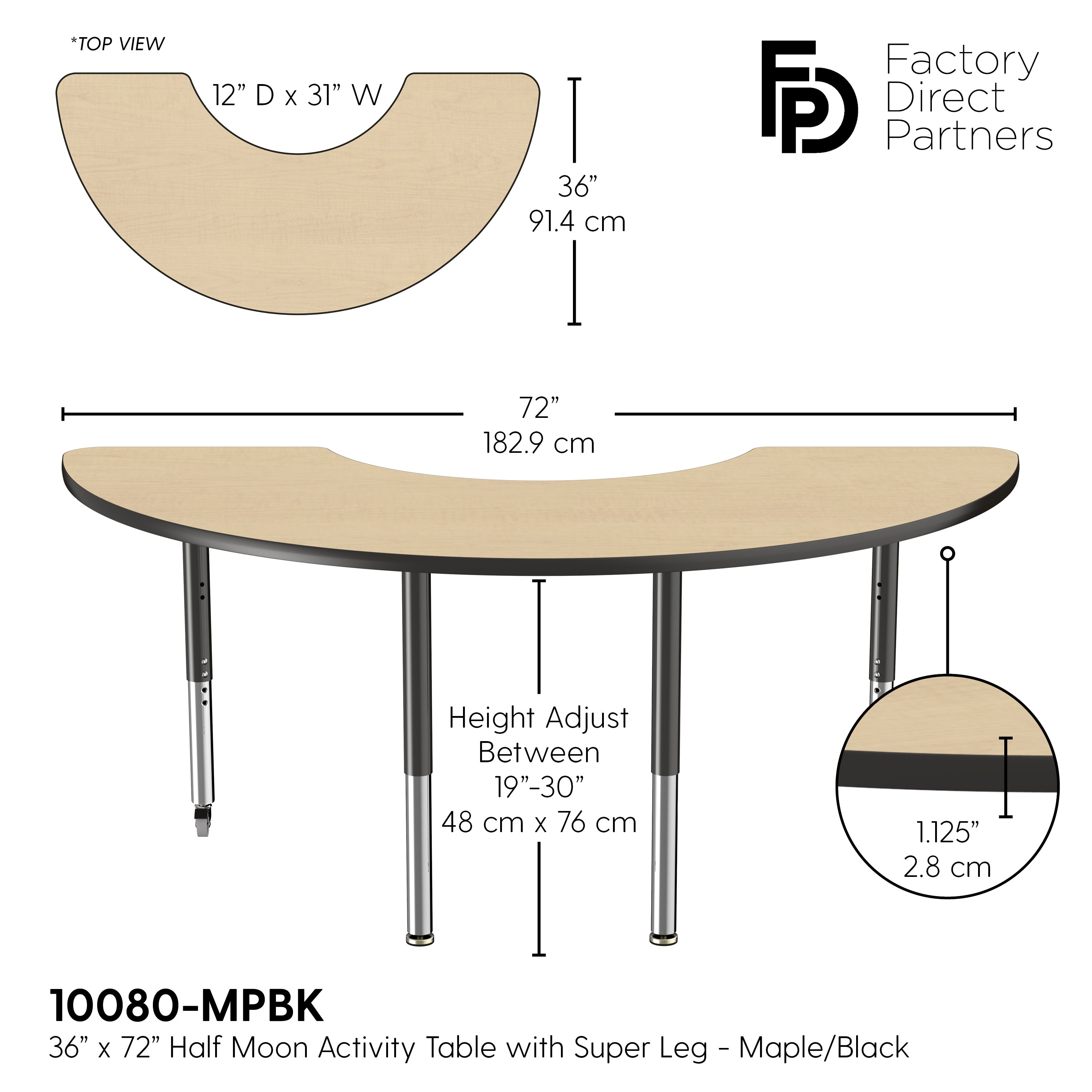36" x 72" Half Moon T-Molding Activity Table with Adjustable Super Legs - Maple/Black