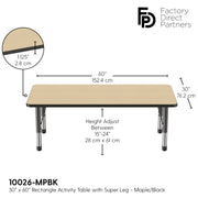 30" x 60" Rectangle T-Molding Activity Table with Adjustable Chunky Legs - Maple/Black