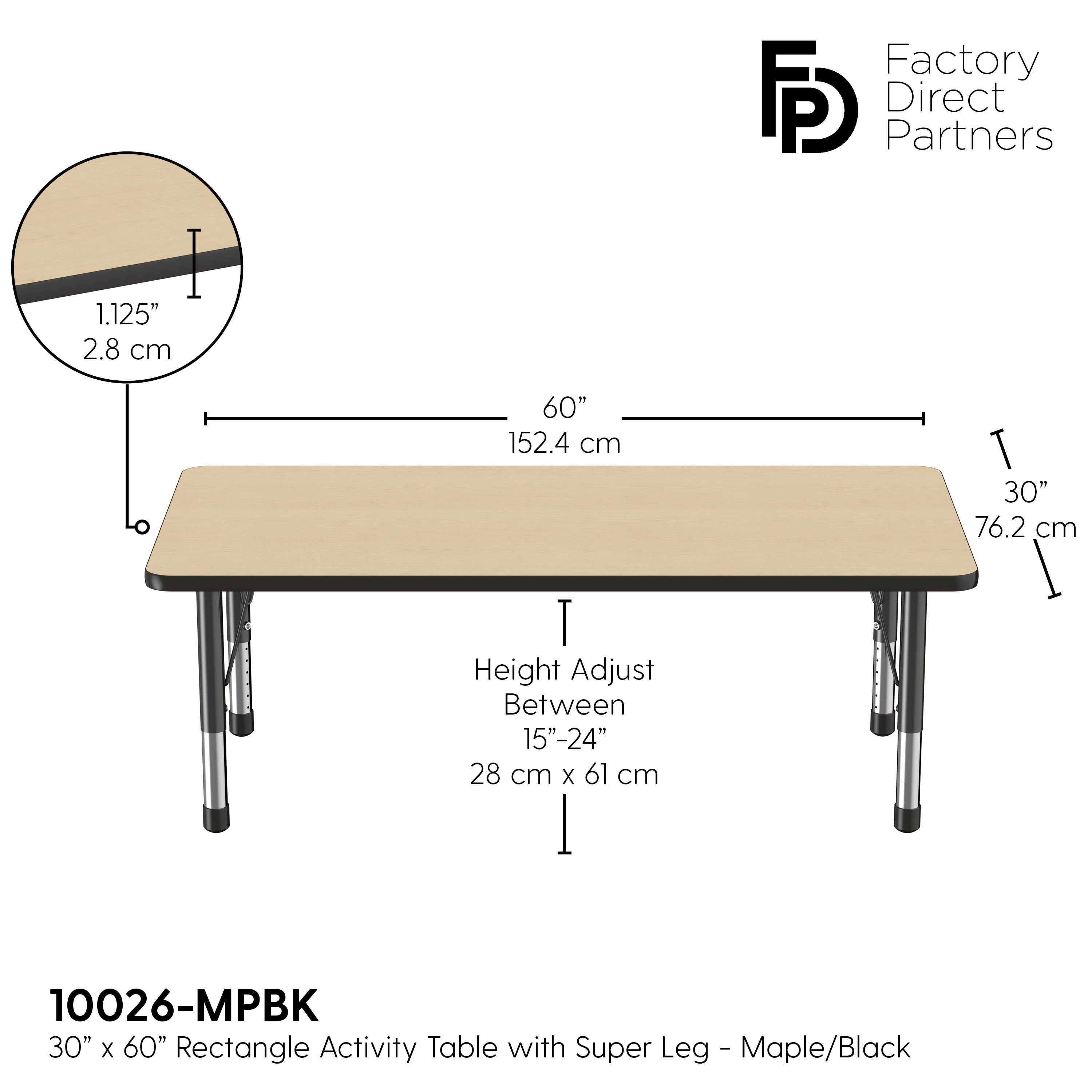 30" x 60" Rectangle T-Molding Activity Table with Adjustable Chunky Legs - Maple/Black