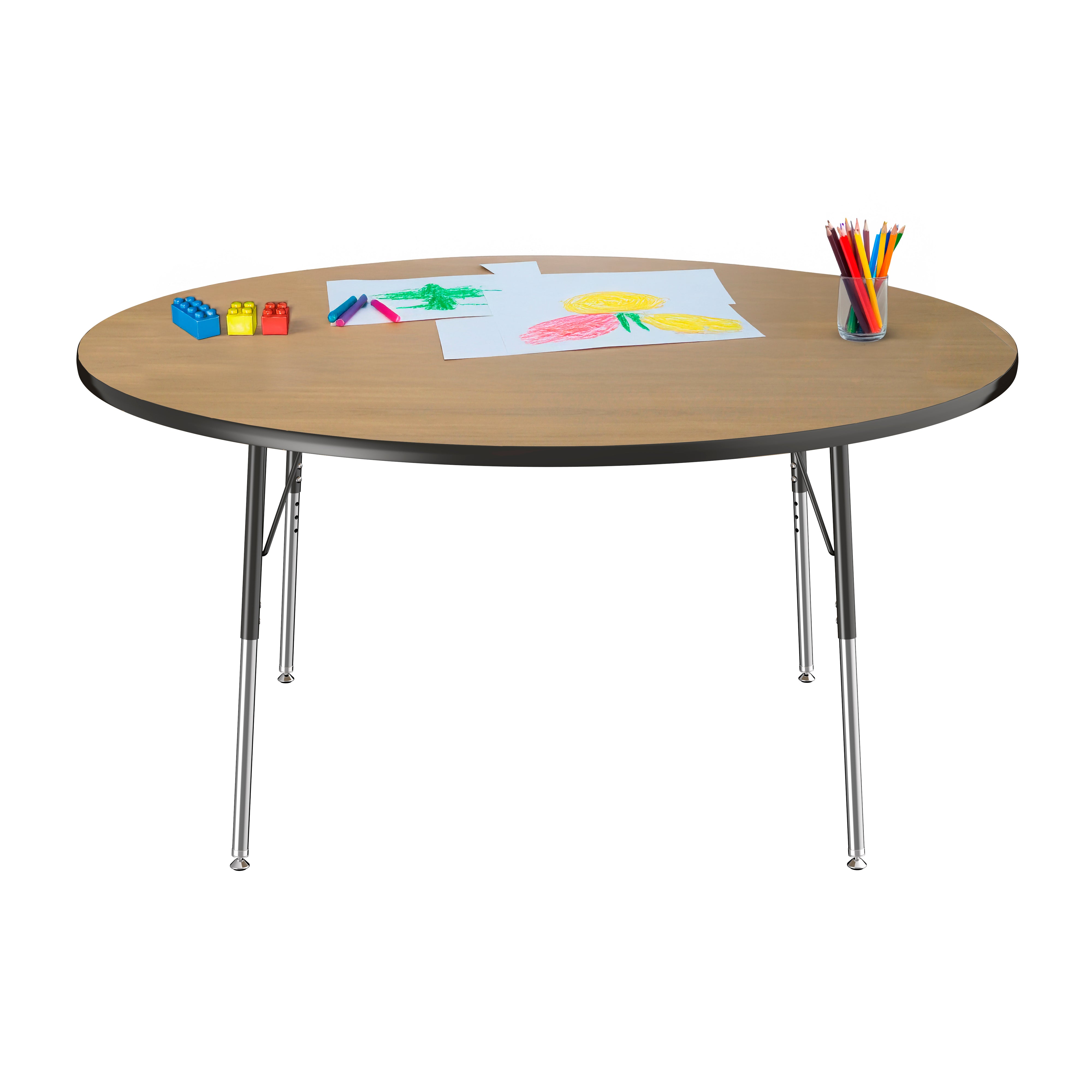 60" Round T-Molding Activity Table with Adjustable Standard Swivel Glide Legs - Pasadena Oak/Black