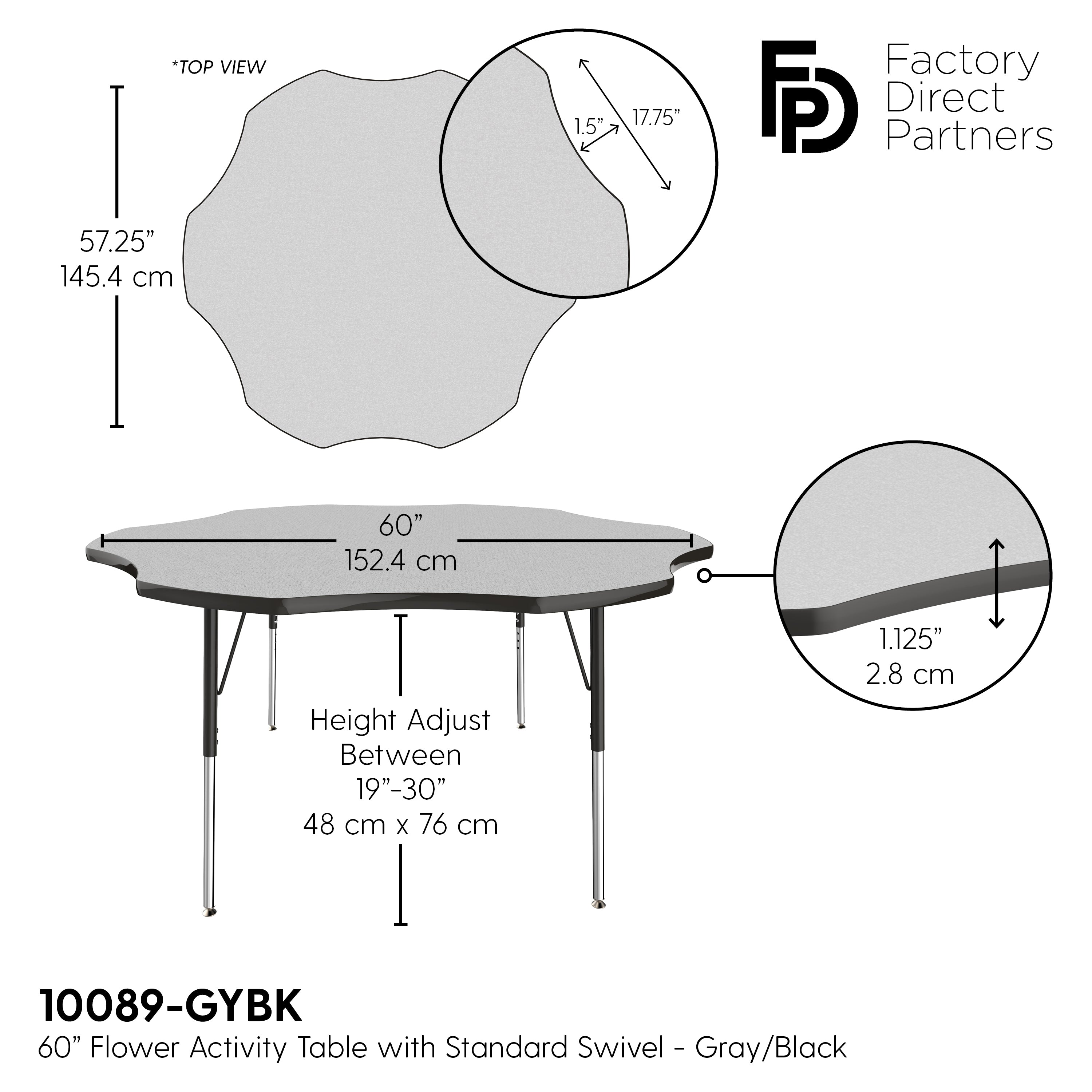 60" x 60" Flower T-Molding Activity Table with Adjustable Standard Swivel Glide Legs - Gray/Black