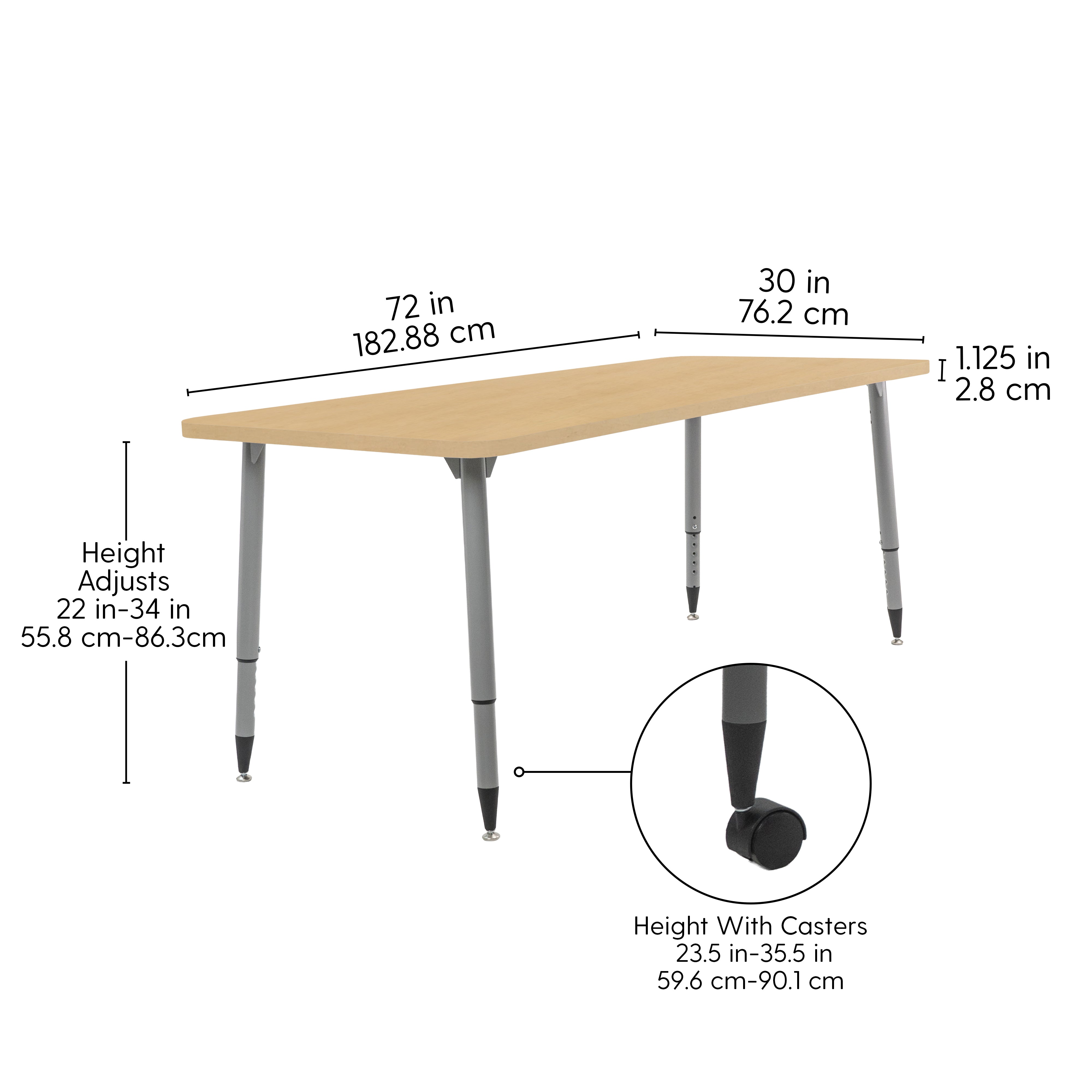 Adapte 30" x 72" Rectangle Woodgrain Activity Table with Adjustable Tapered Legs - Maple Grain/Silver