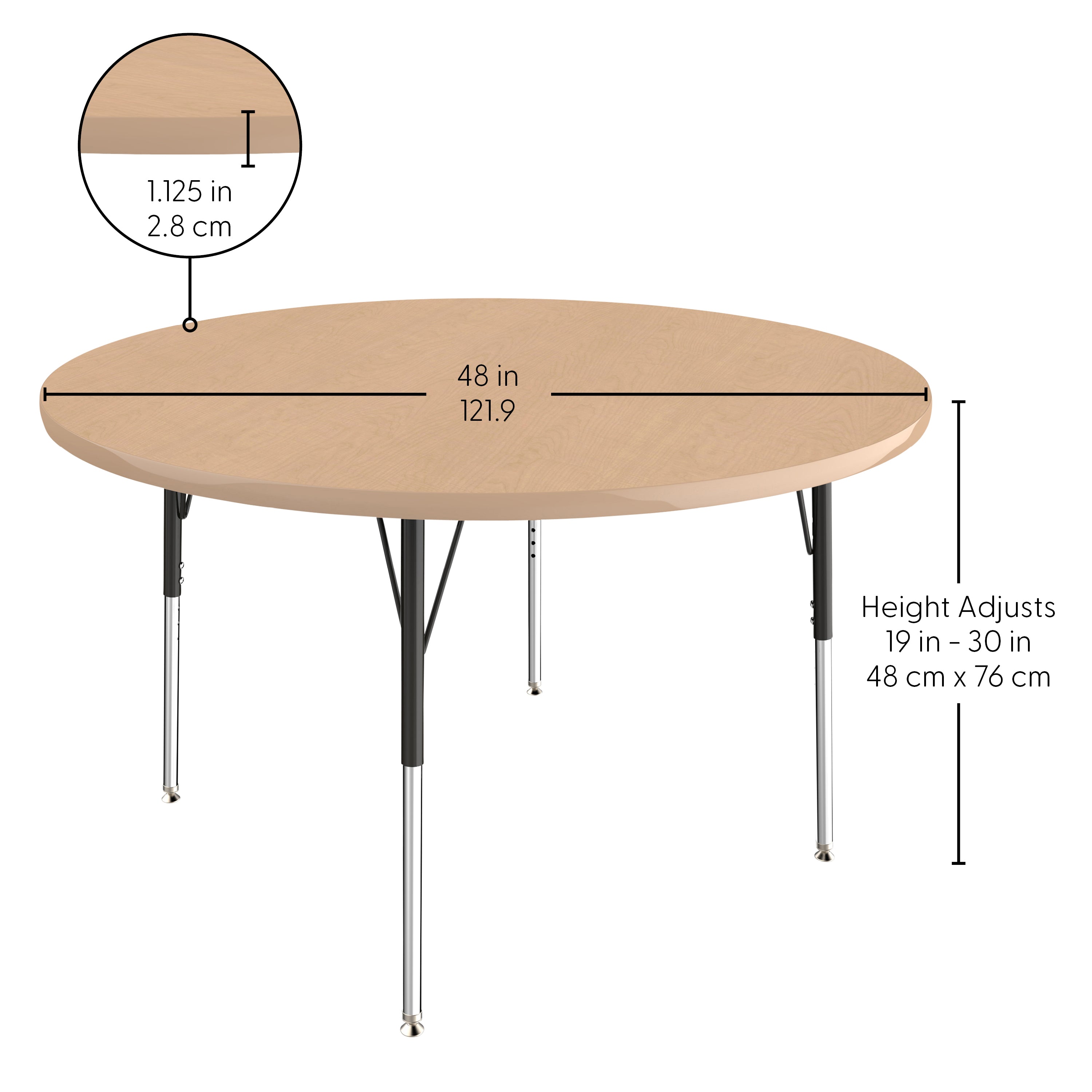 48" Round T-Molding Activity Table with Adjustable Standard Swivel Glide Legs - Maple/Maple/Black