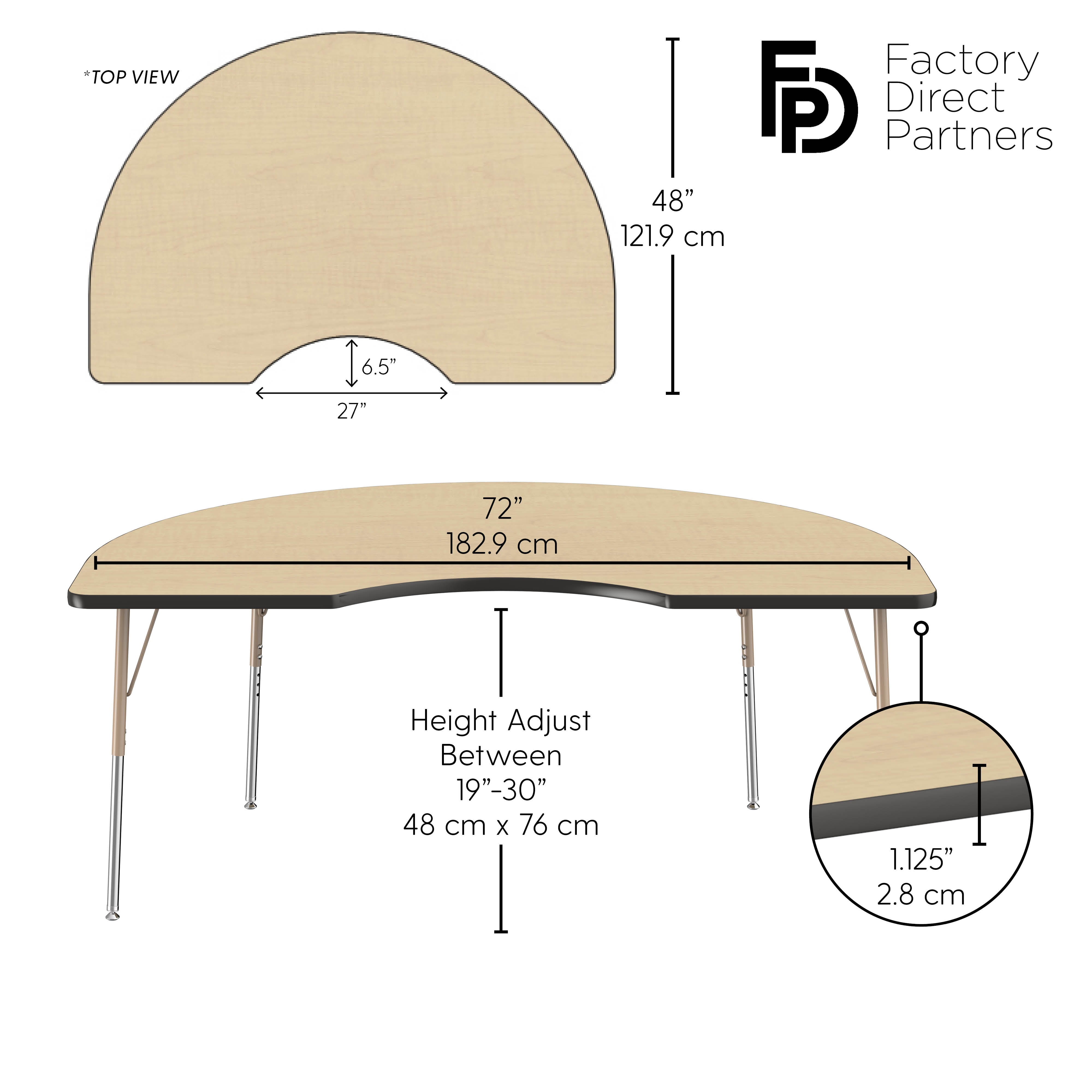 48" x 72" Kidney T-Molding Activity Table with Adjustable Standard Swivel Glide Legs - Maple/Black/Sand