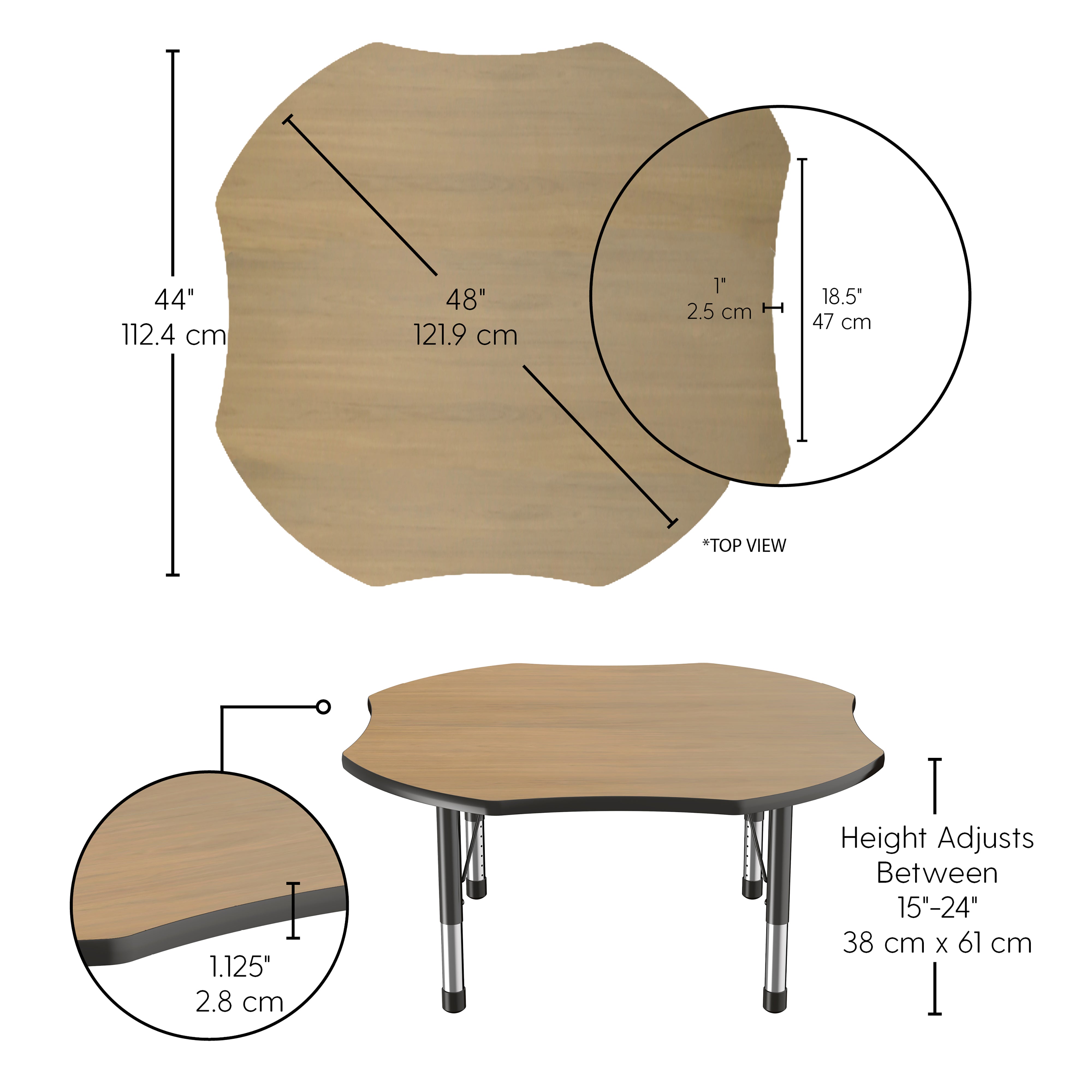 48" x 48" Clover T-Molding Activity Table with Adjustable Chunky Legs - Pasadena Oak/Black