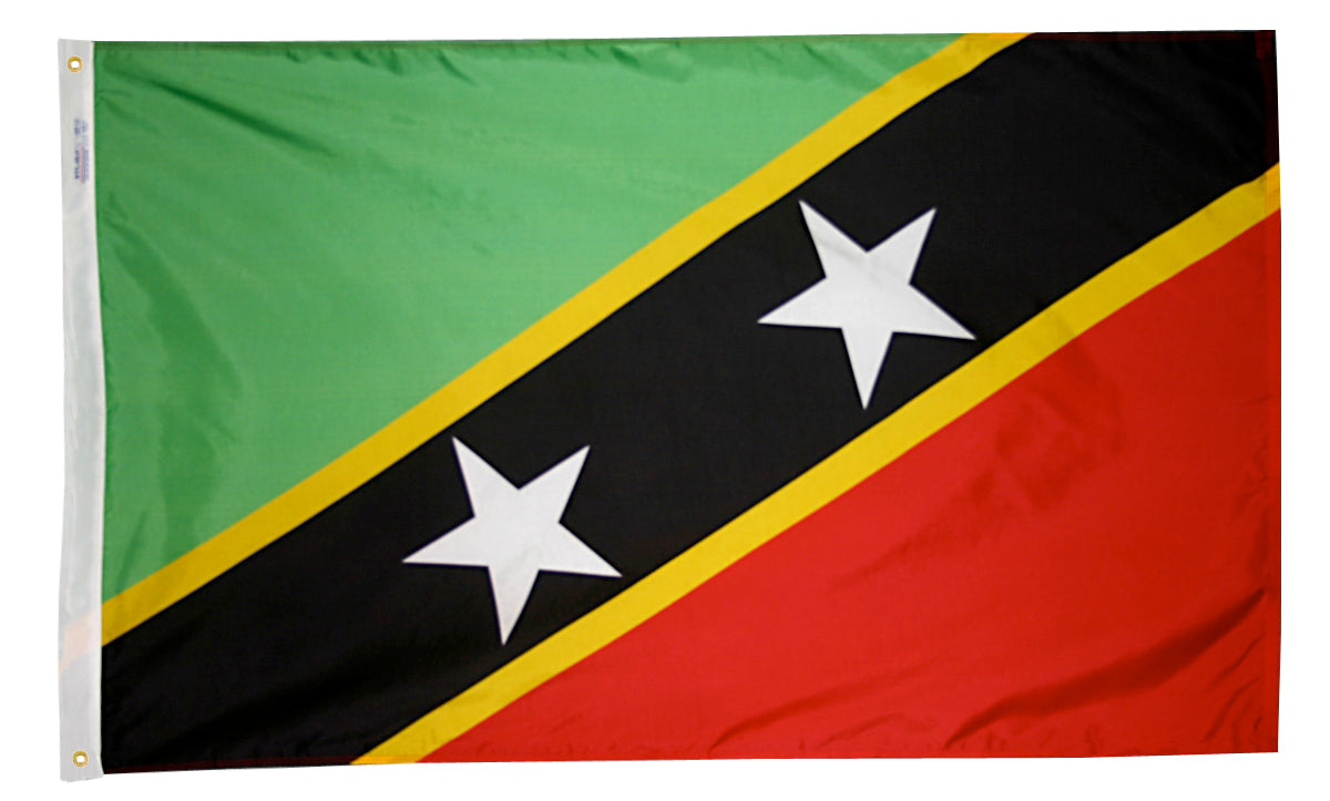 St. Kitts & Nevis Flag 3x5 ft. Nylon SolarGuard Nyl-Glo 100% Made in USA to Official United Nations Design Specifications.